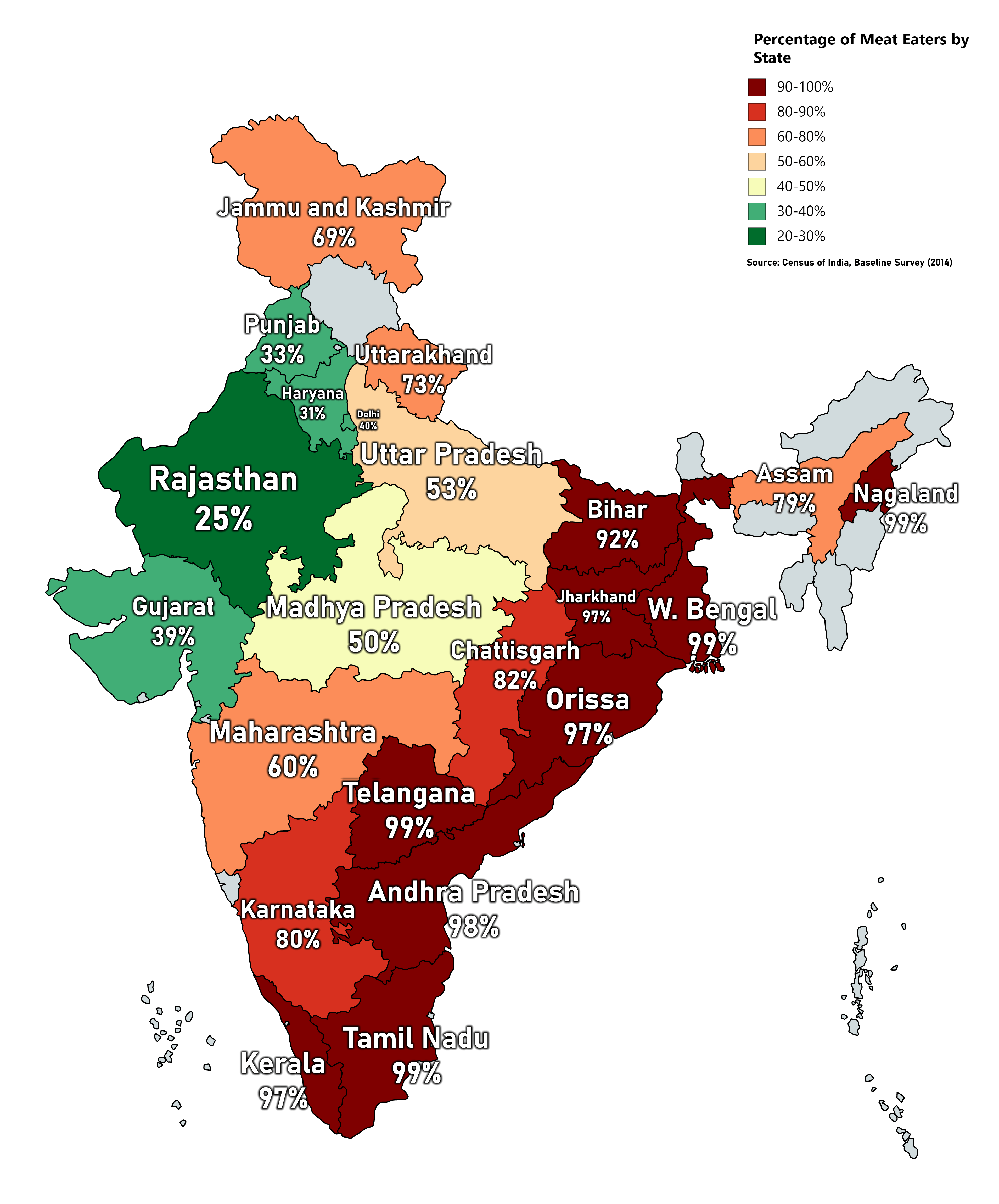 Percentage of population that eats meat by state r/MapPorn