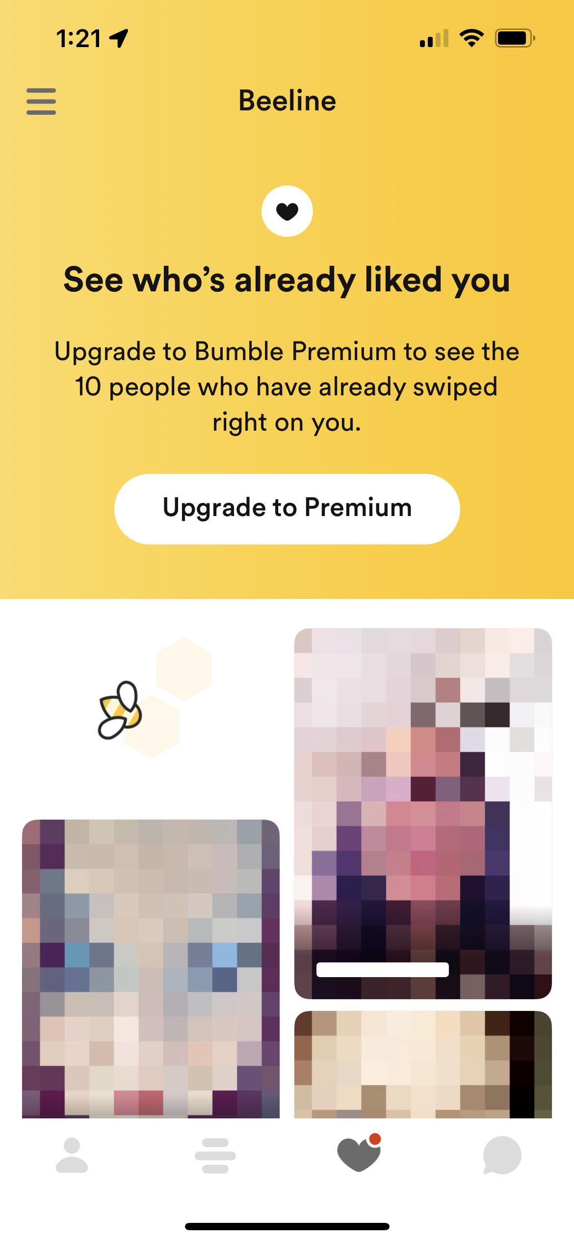 Caved and bought a month of Bumble, couple likes and one match during