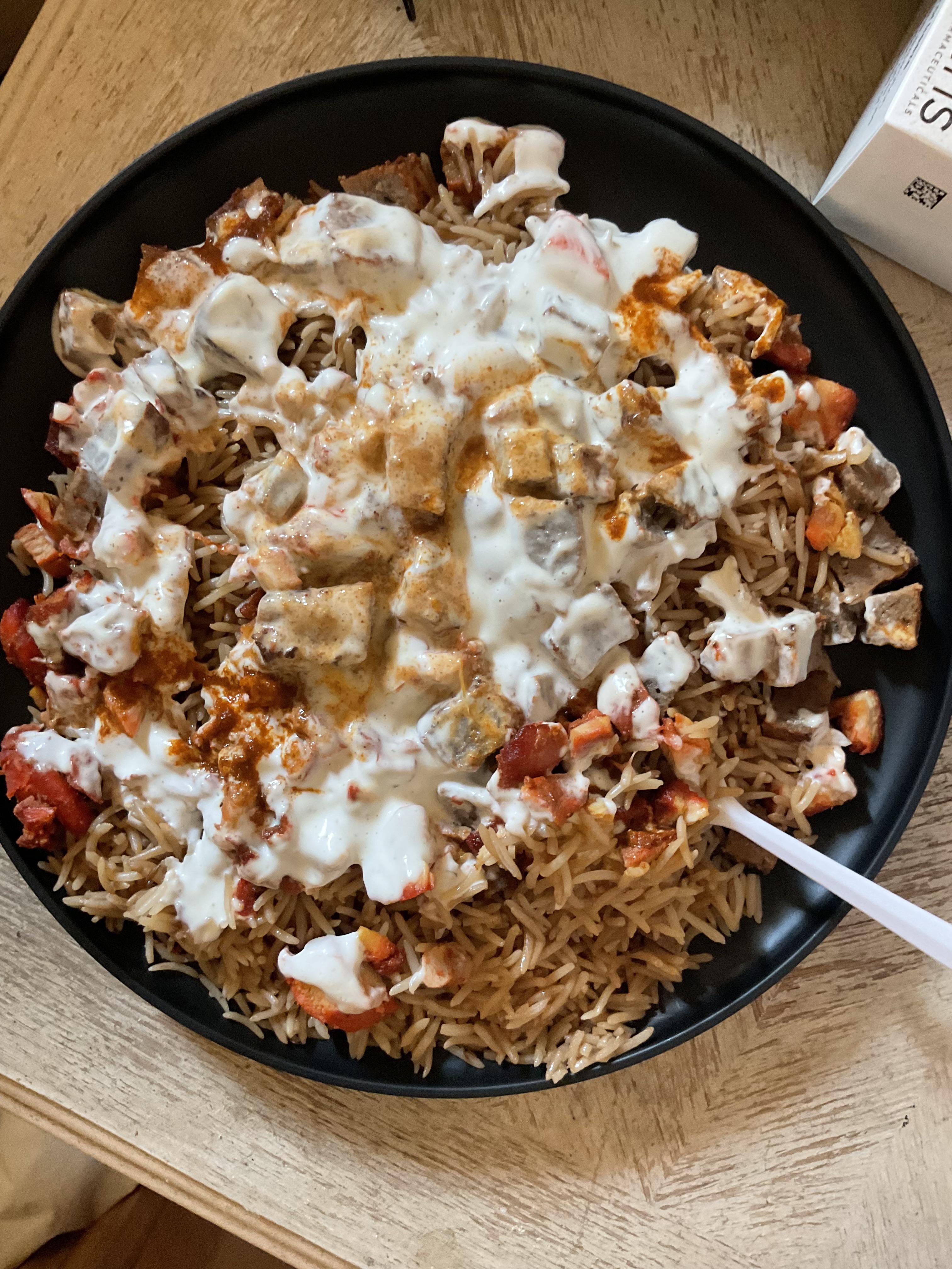 5 Chicken and Lamb over rice with white halal sauce and hot sauce, Philadelphia r/streeteats