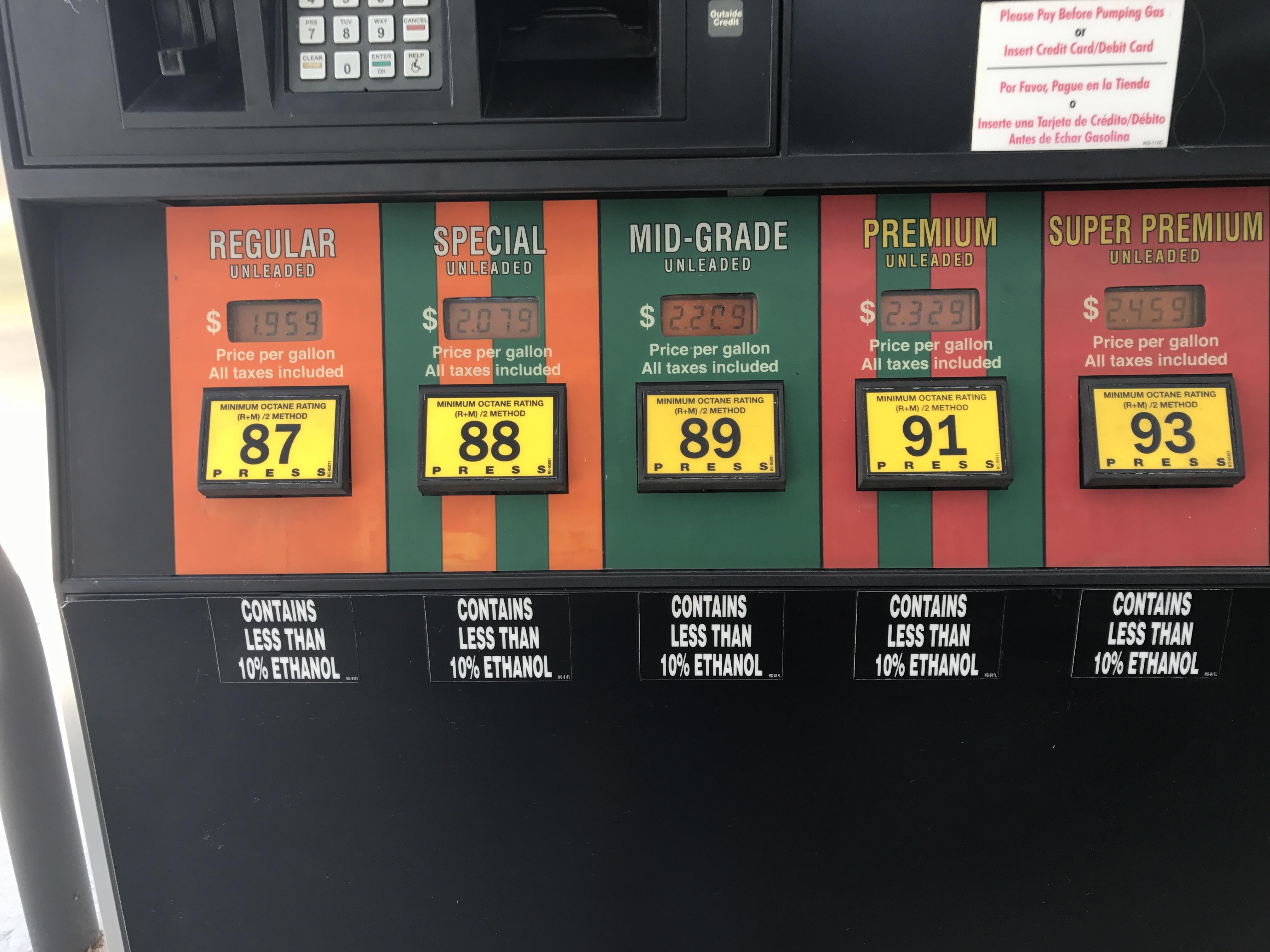 This gas station has "special" and "midgrade" options. r