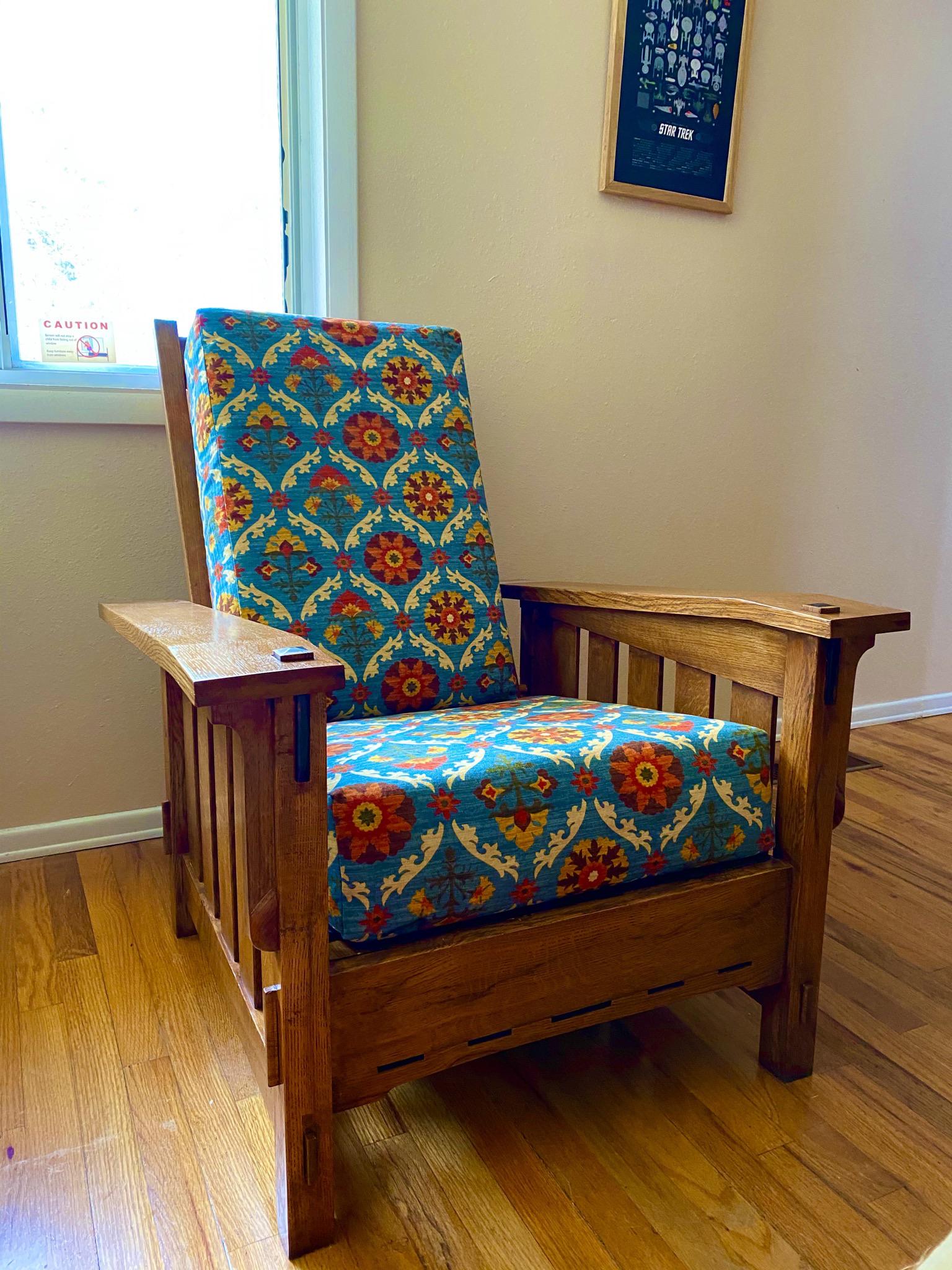 My take on the Stickley recliner. Qsawn white oak, ebony bits and