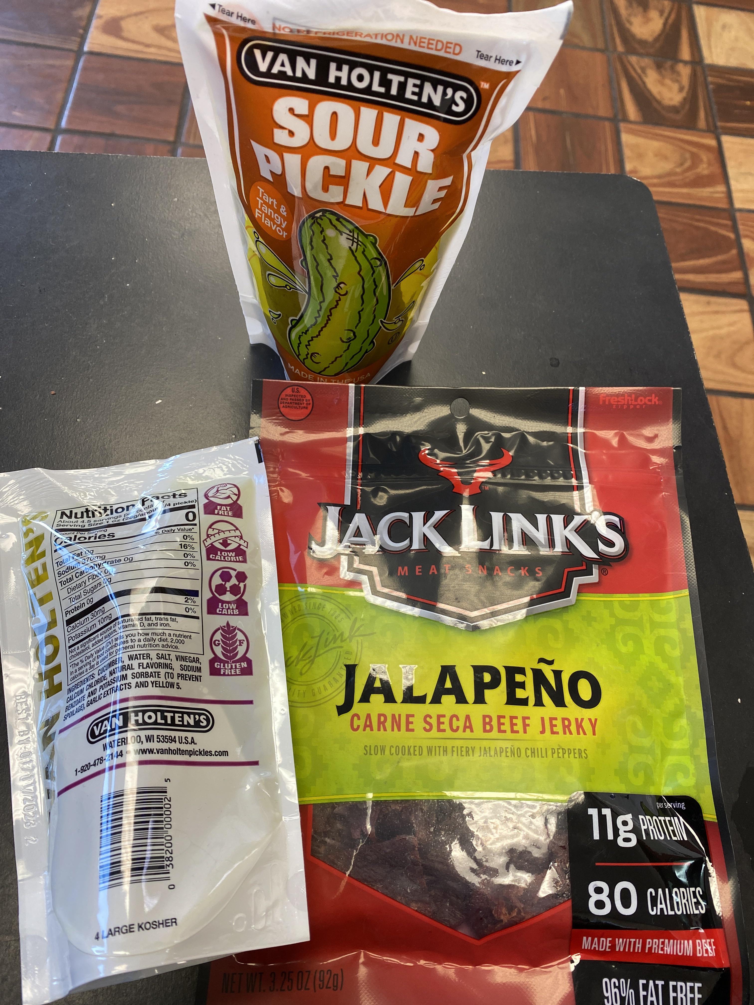 2x 0 Cal Pickles, 1x 80 Cal Serving High Protein Jerky. Very little