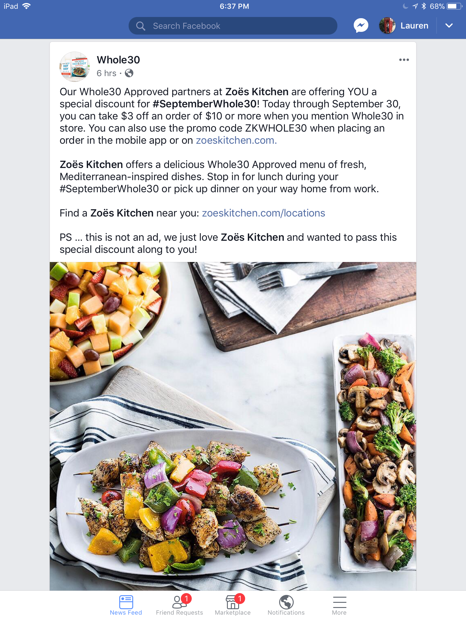 Zoe's Kitchen added a "whole30 menu" for September whole30