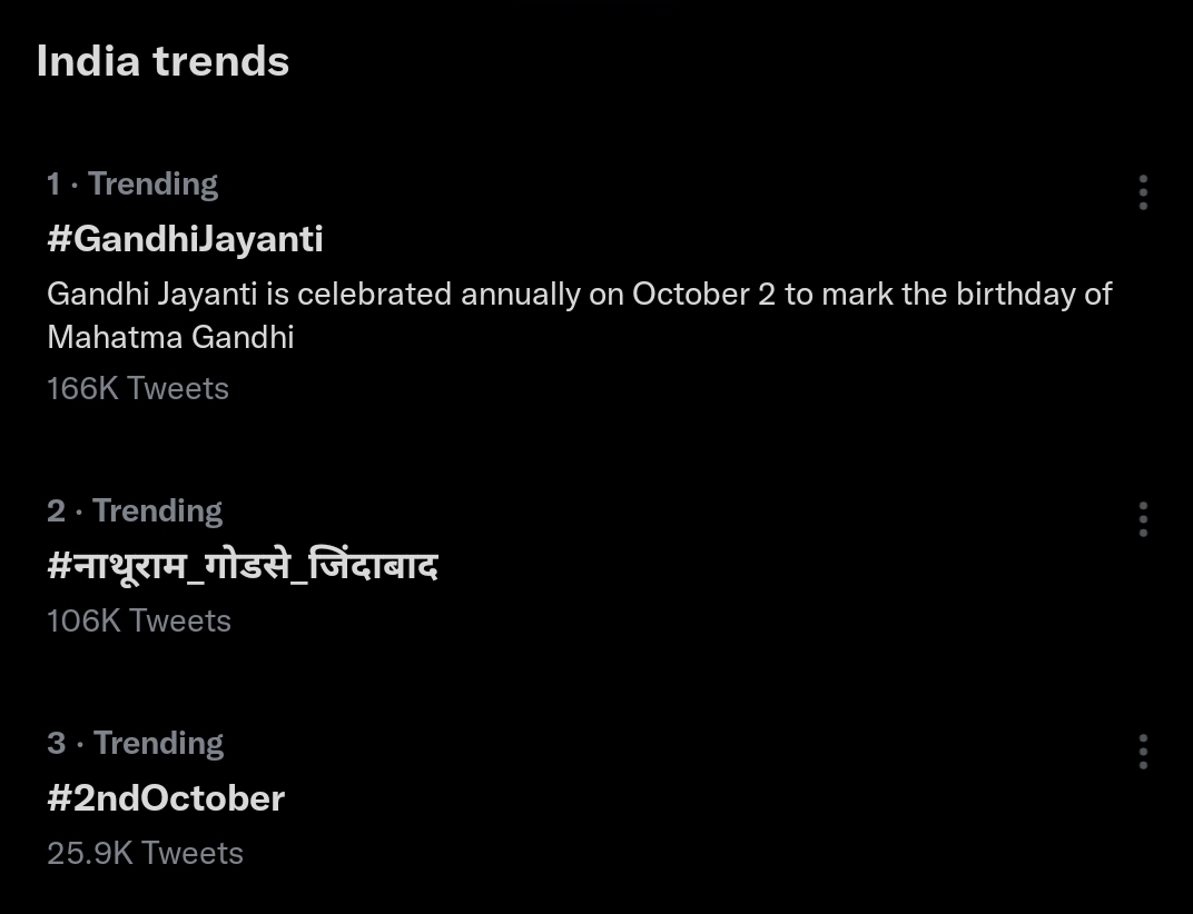 Top 3 Twitter trends in India right now. 1st and 3rd are about Mahatma