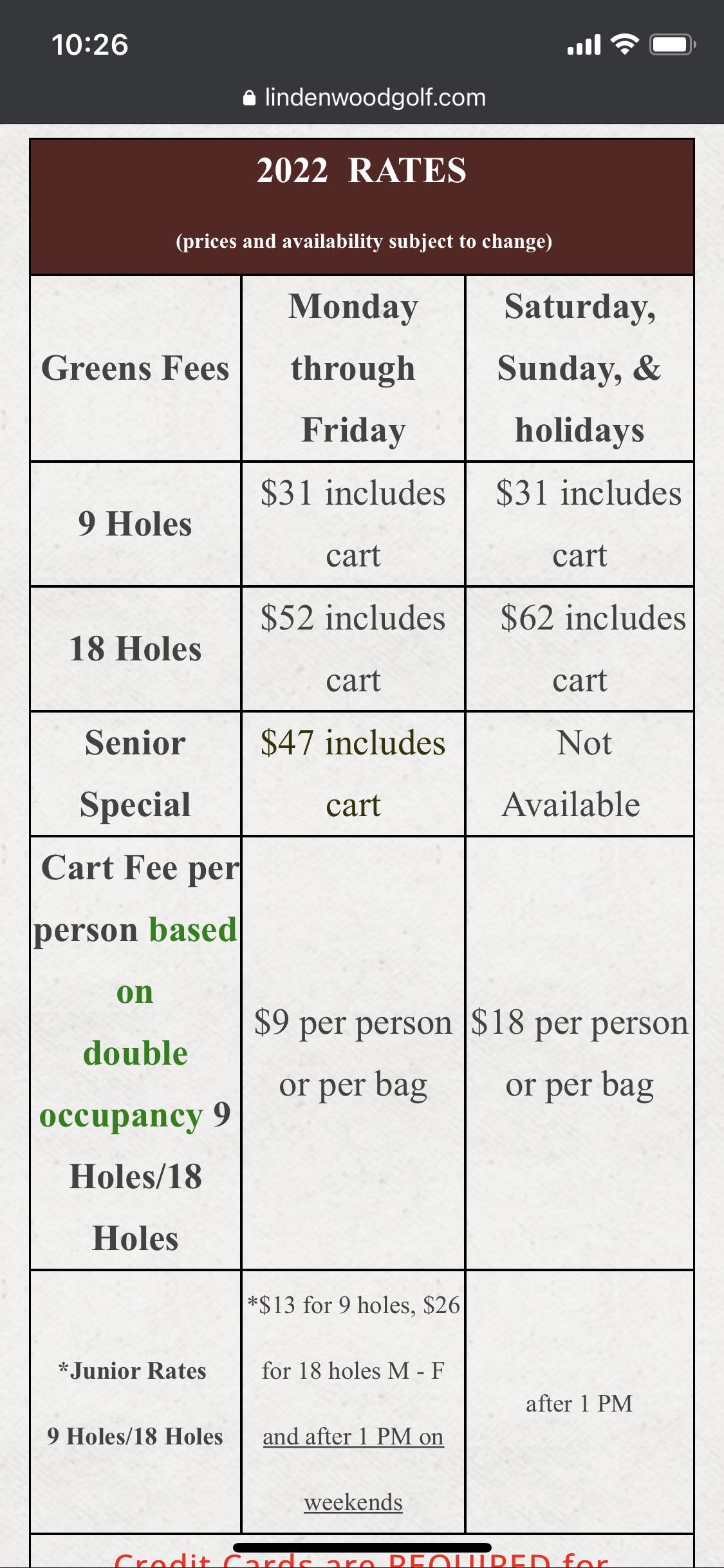 What does this mean for greens fees Cart fee per person based on