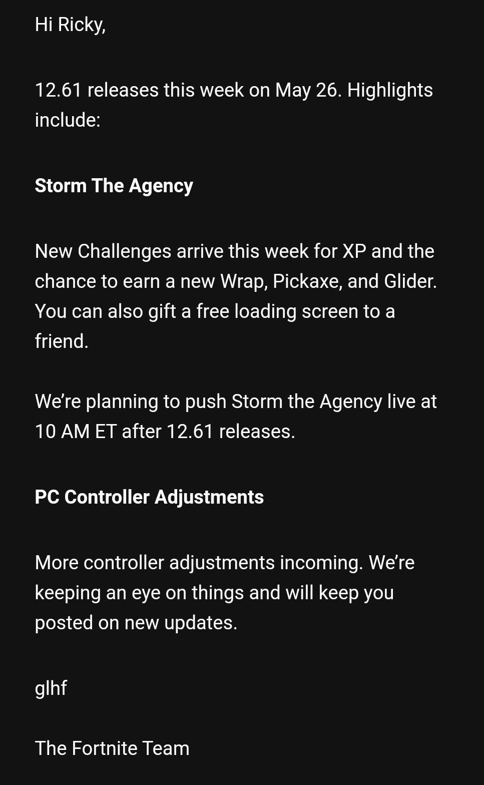 12.61 “Patch Notes” via iFireMonkey from twitter r/FortNiteBR