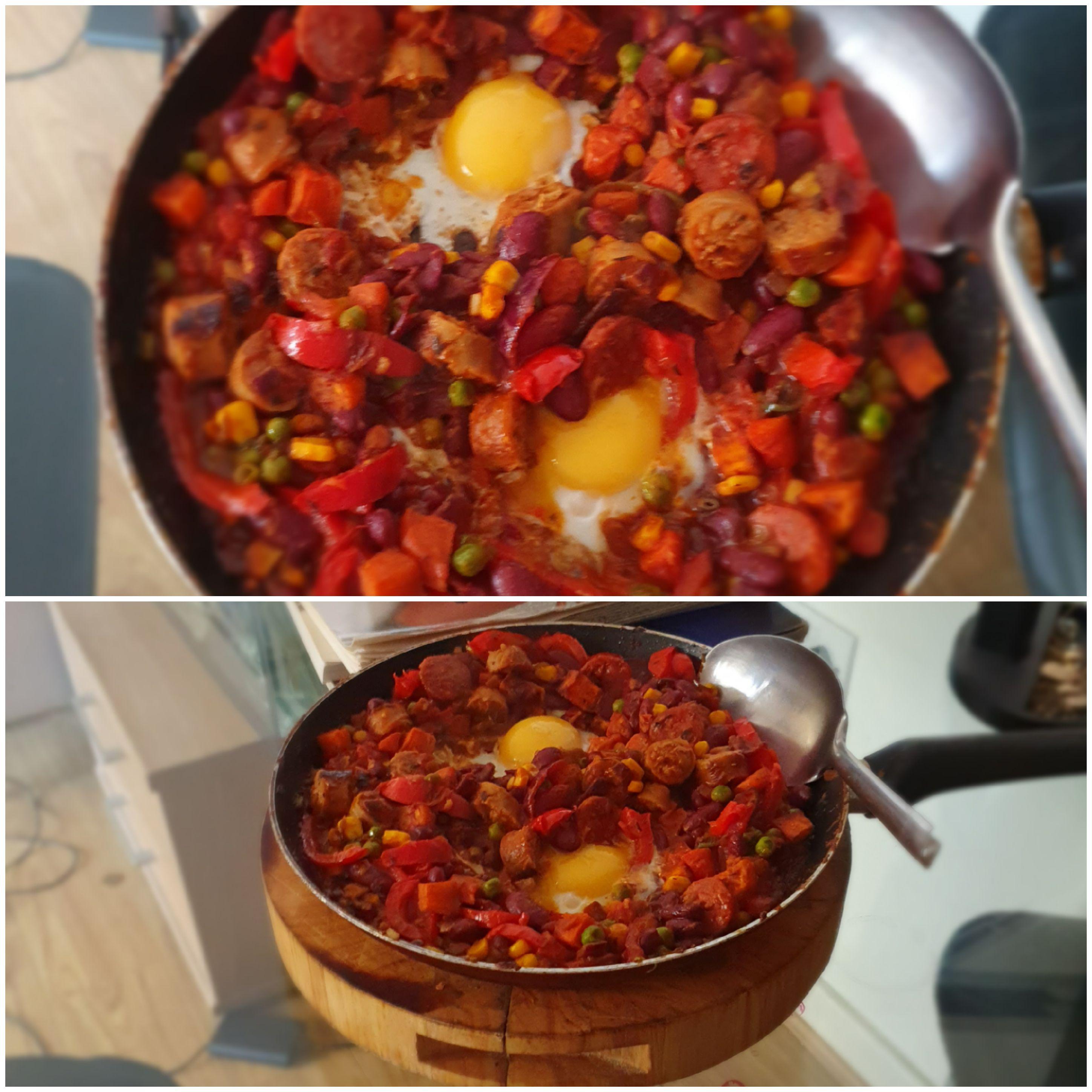 [Homemade] Hangover cure Patatas Bravas with chorizo and eggs r/food