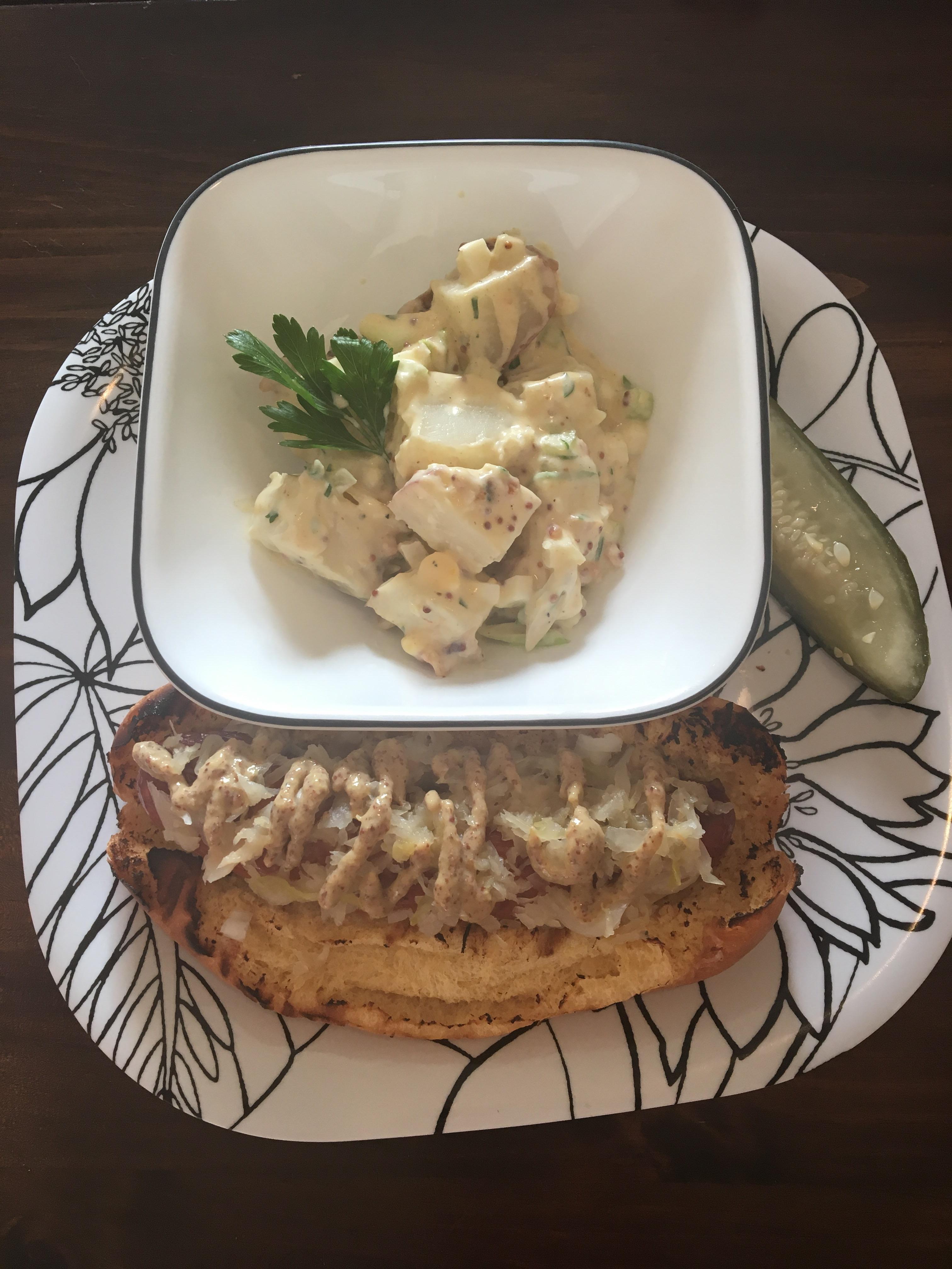 [Homemade] Grilled bratwurst with onion, sauerkraut, and horseradish mustard and red potato