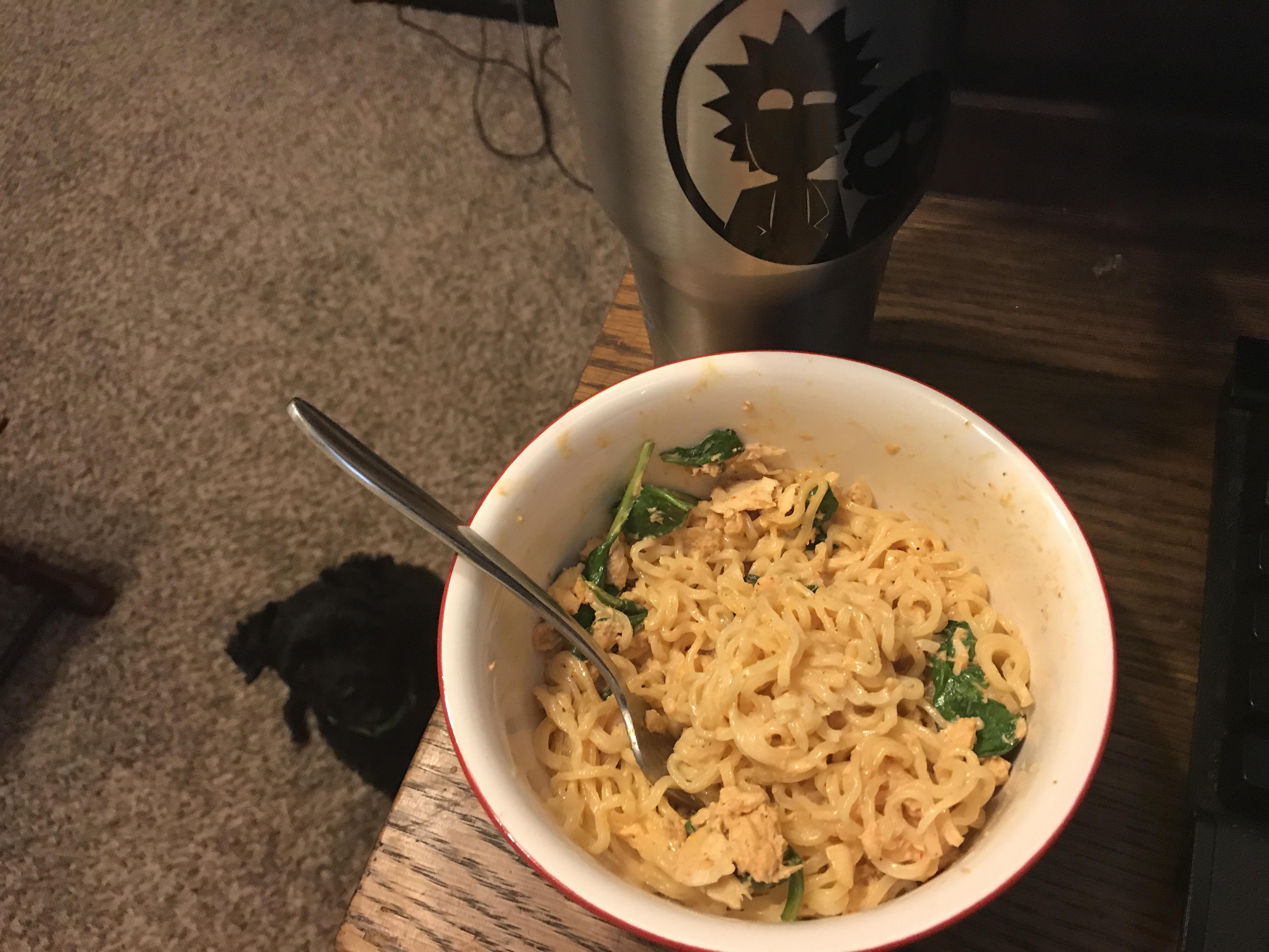 Canned salmon curried ramen noodles with spinach. r/shittyfoodporn