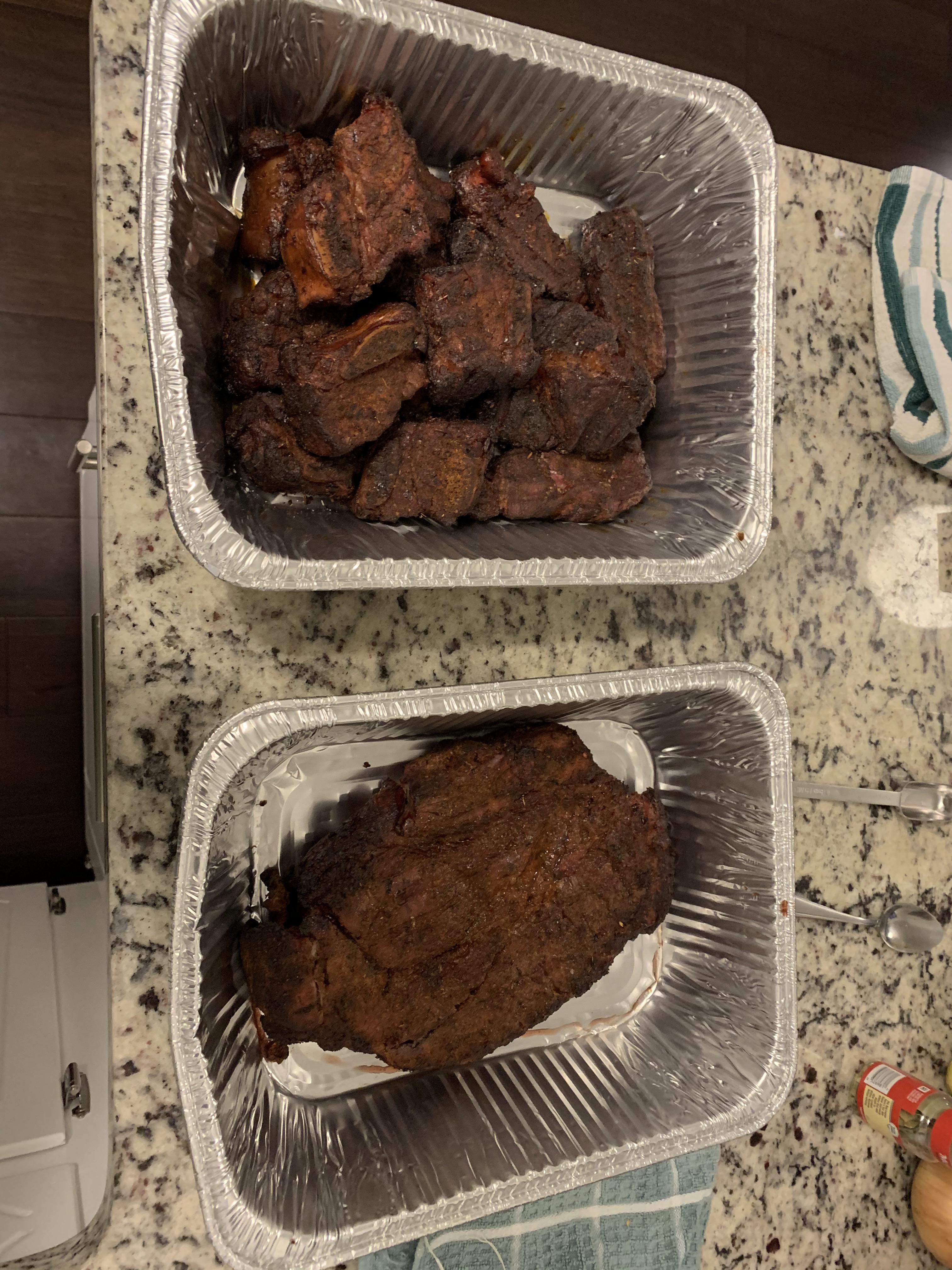 Smoked and braised short ribs and chuck roast for barbacoa. Smoked with