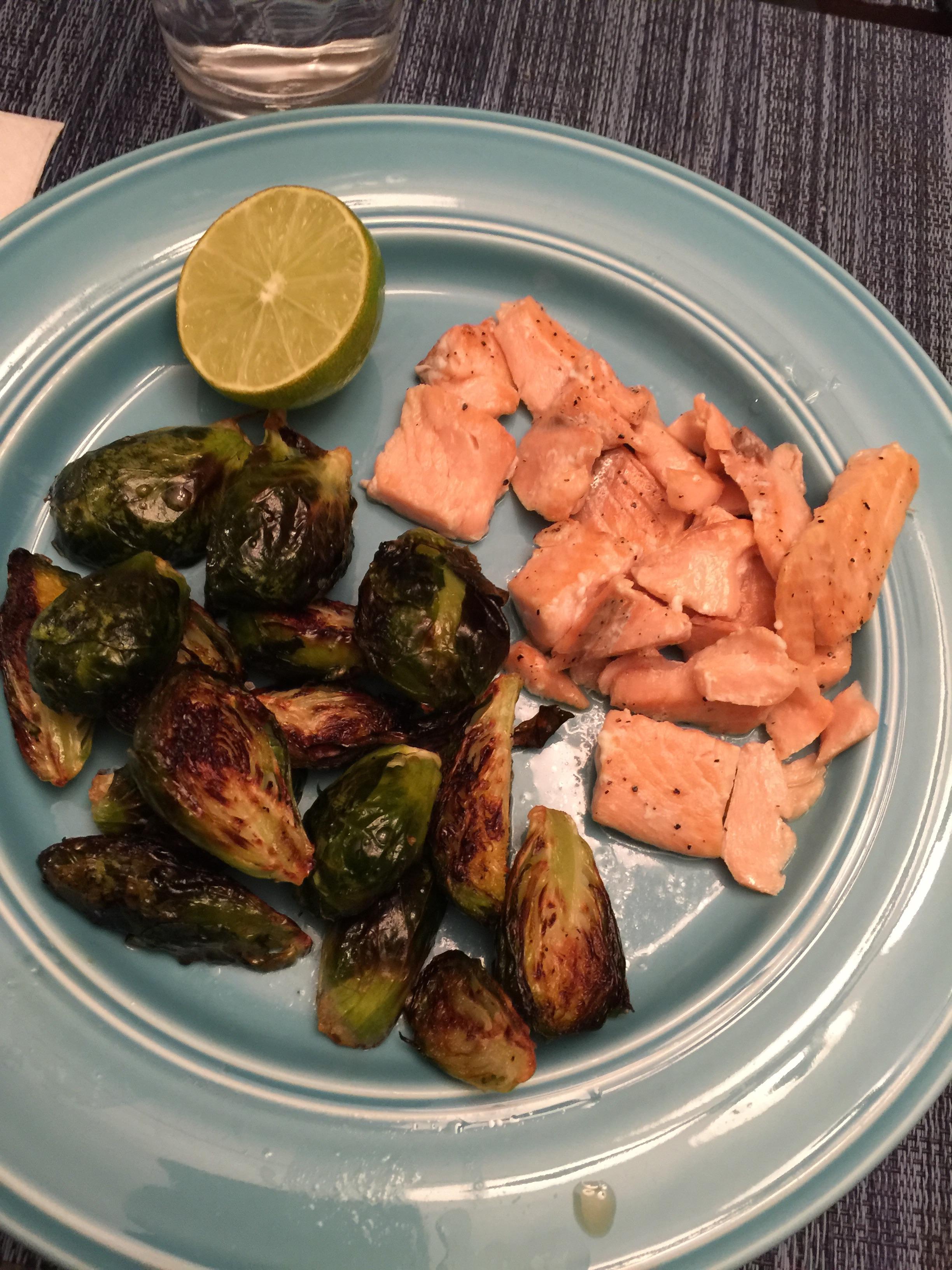 Salmon with Apple cider vinegarhoney glazed Brussel sprouts for 350