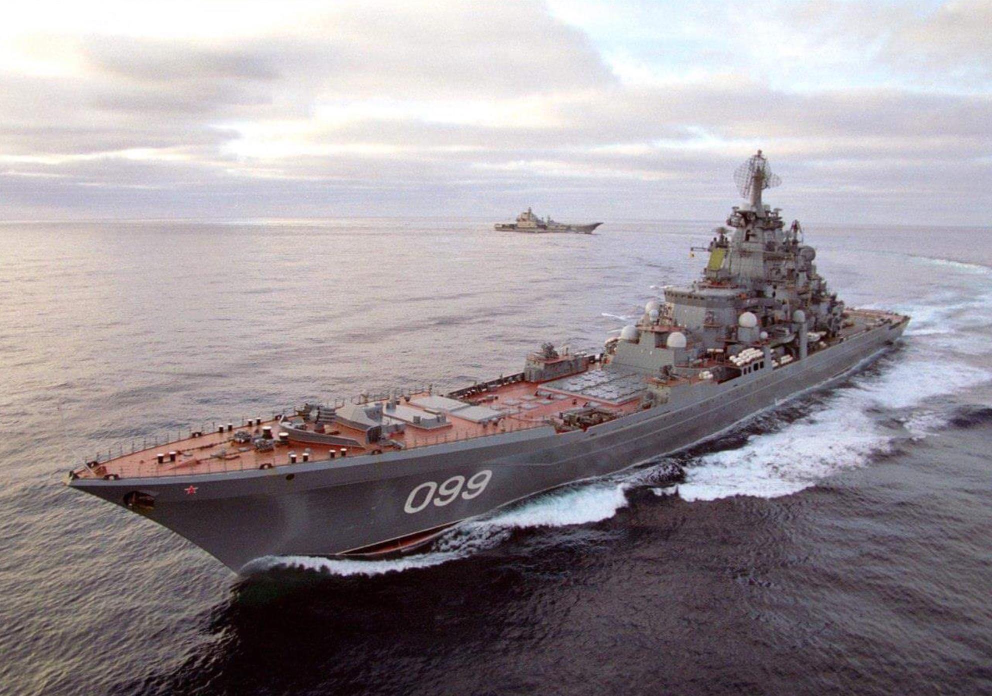 Russian battlecruiser Pyotr Velikiy with the Russian aircraft carrier
