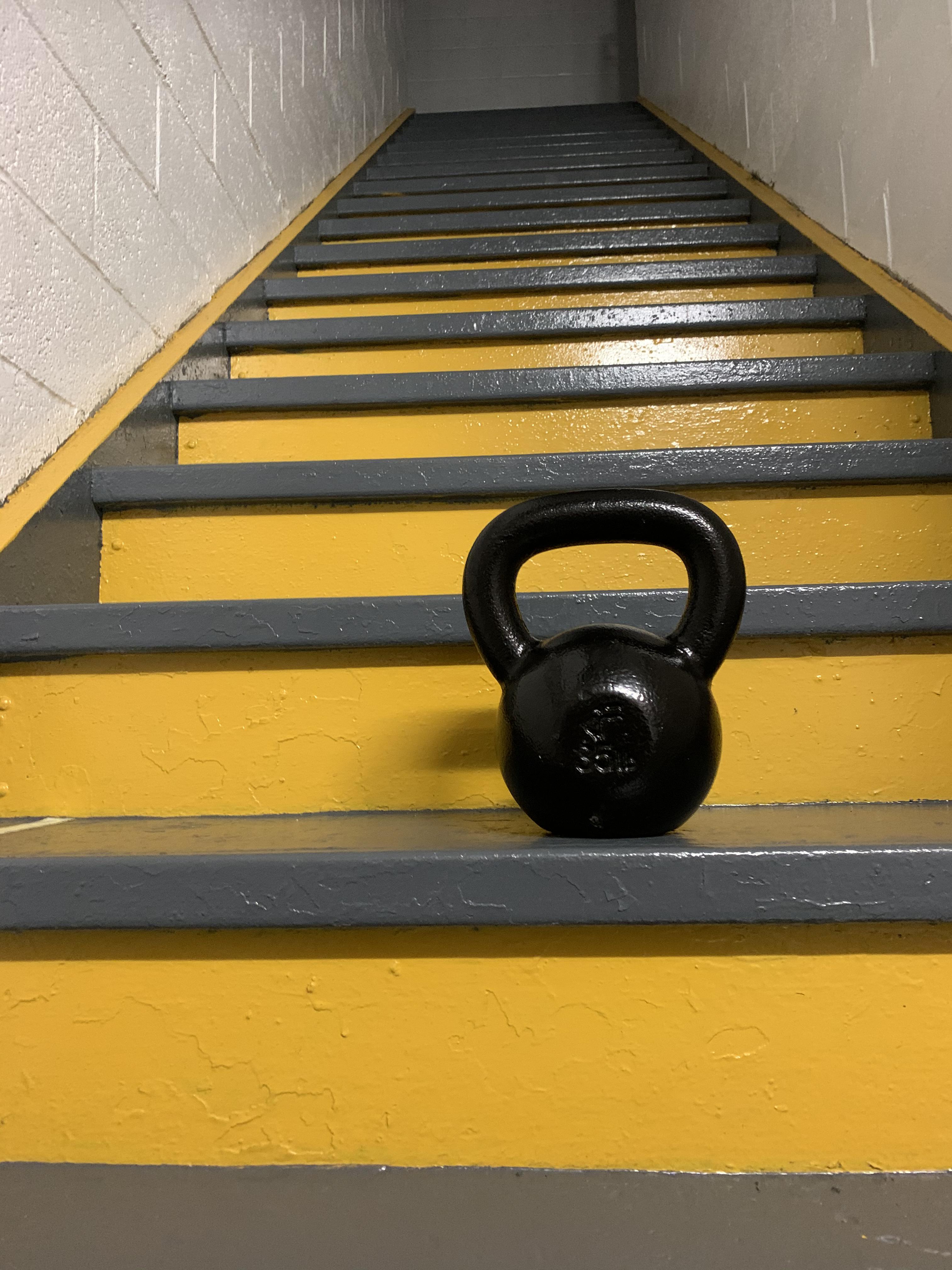 Quarantine Workout Carrying this 35lbs kettlebell up my 33 story