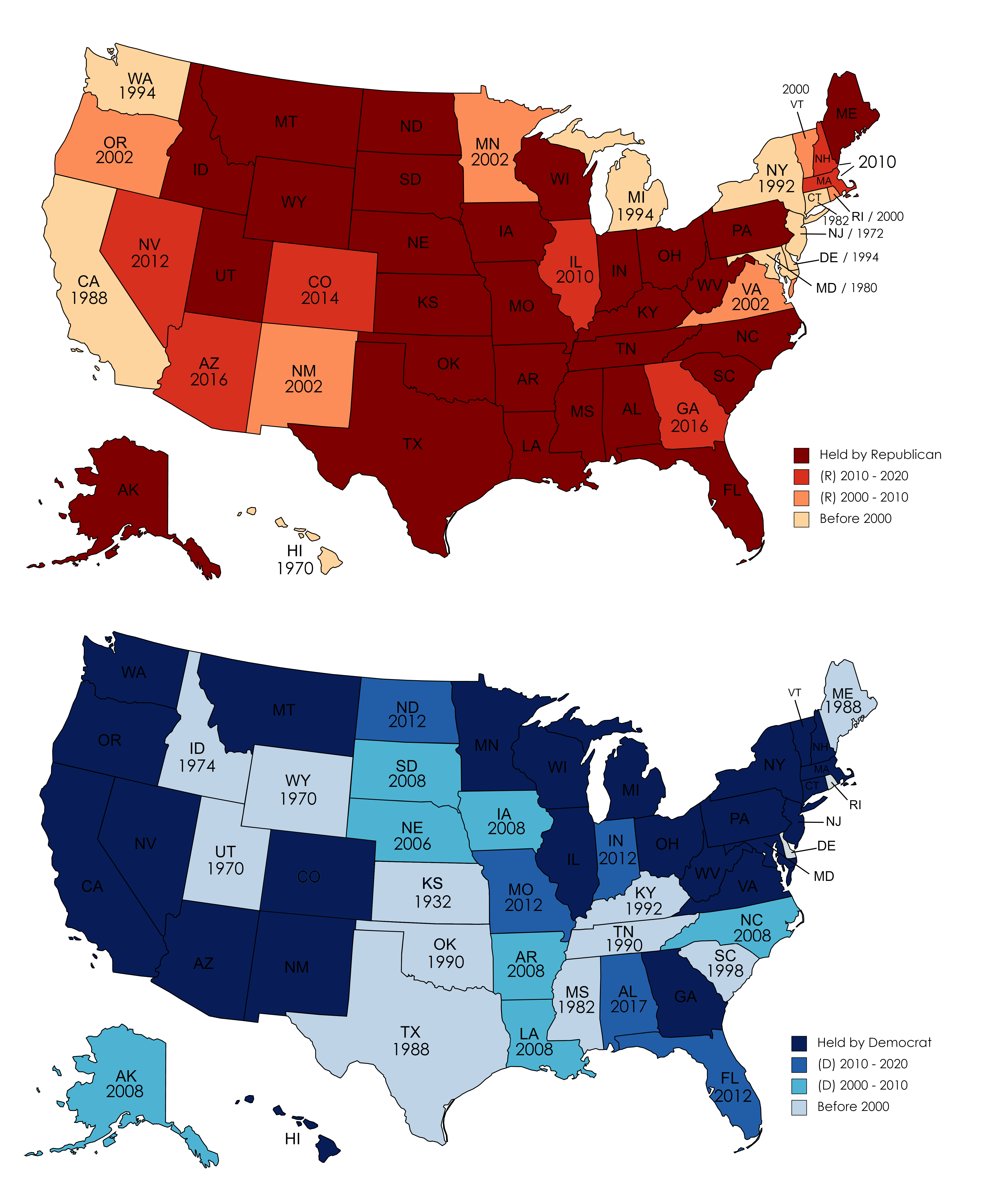Maps of the most recent time a Republican or Democrat won election to