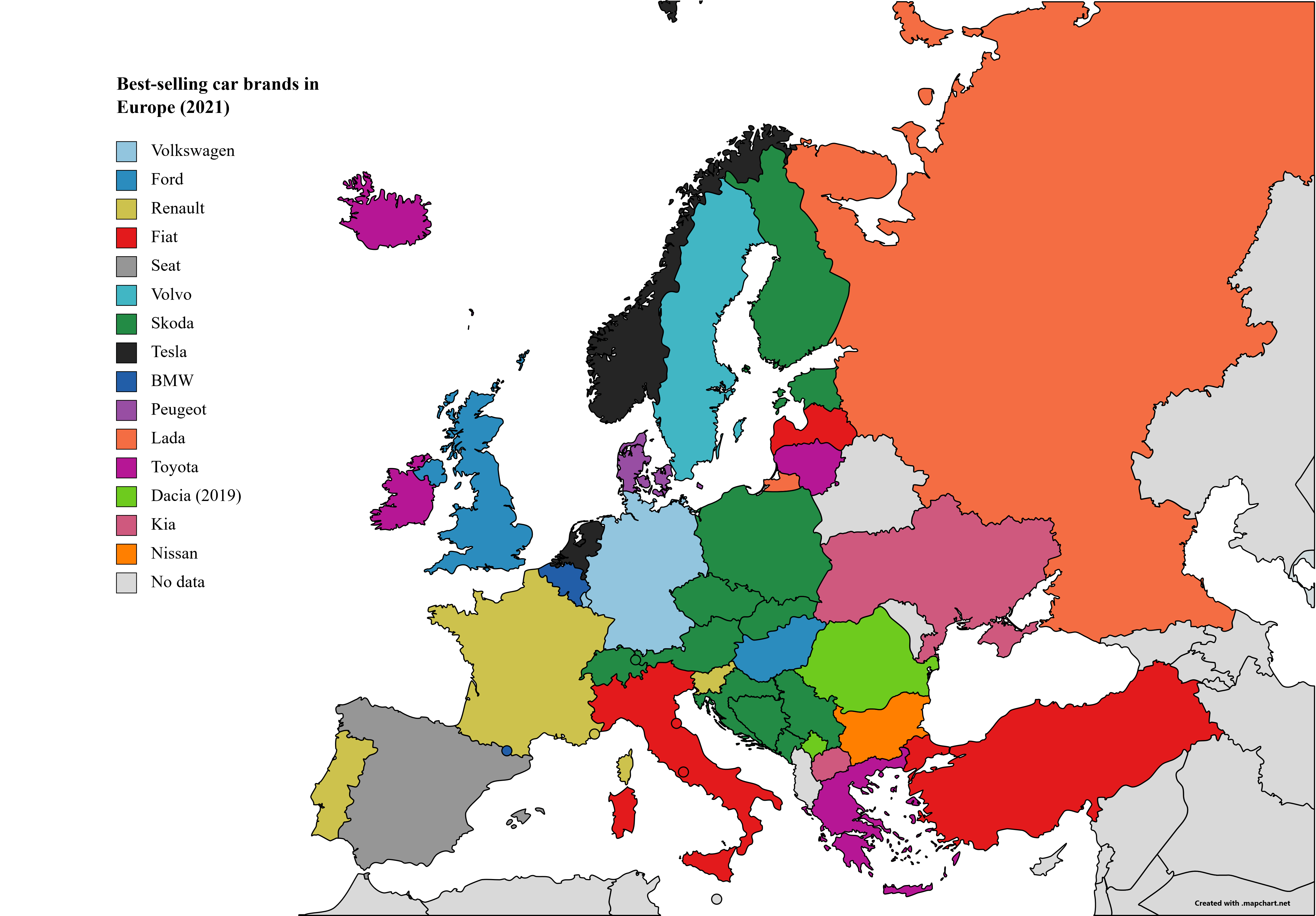 Bestselling car brands in Europe (2021) MapPorn