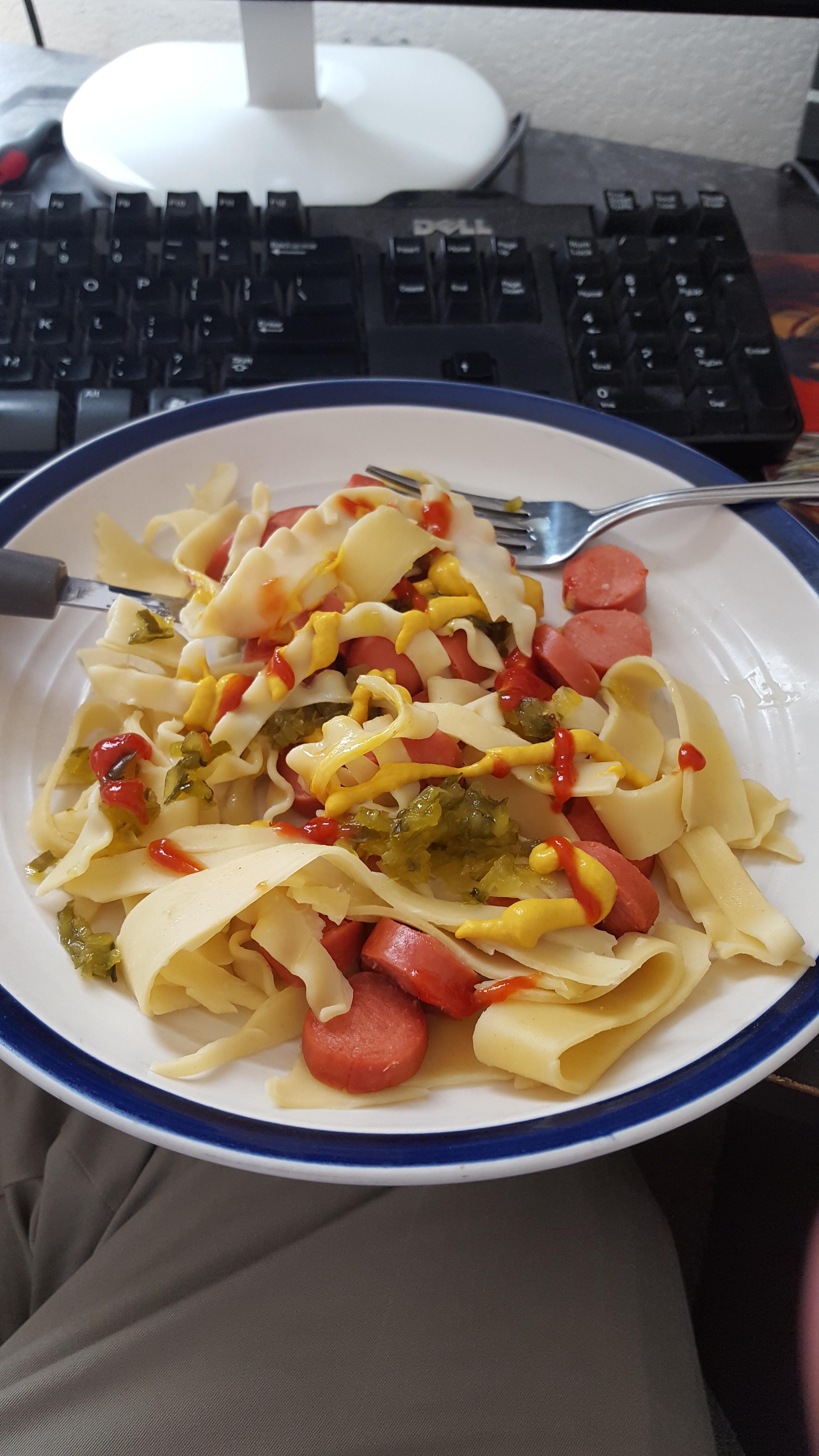 My dinner tonight. Hot dog pasta made from leftover lasagna noodles