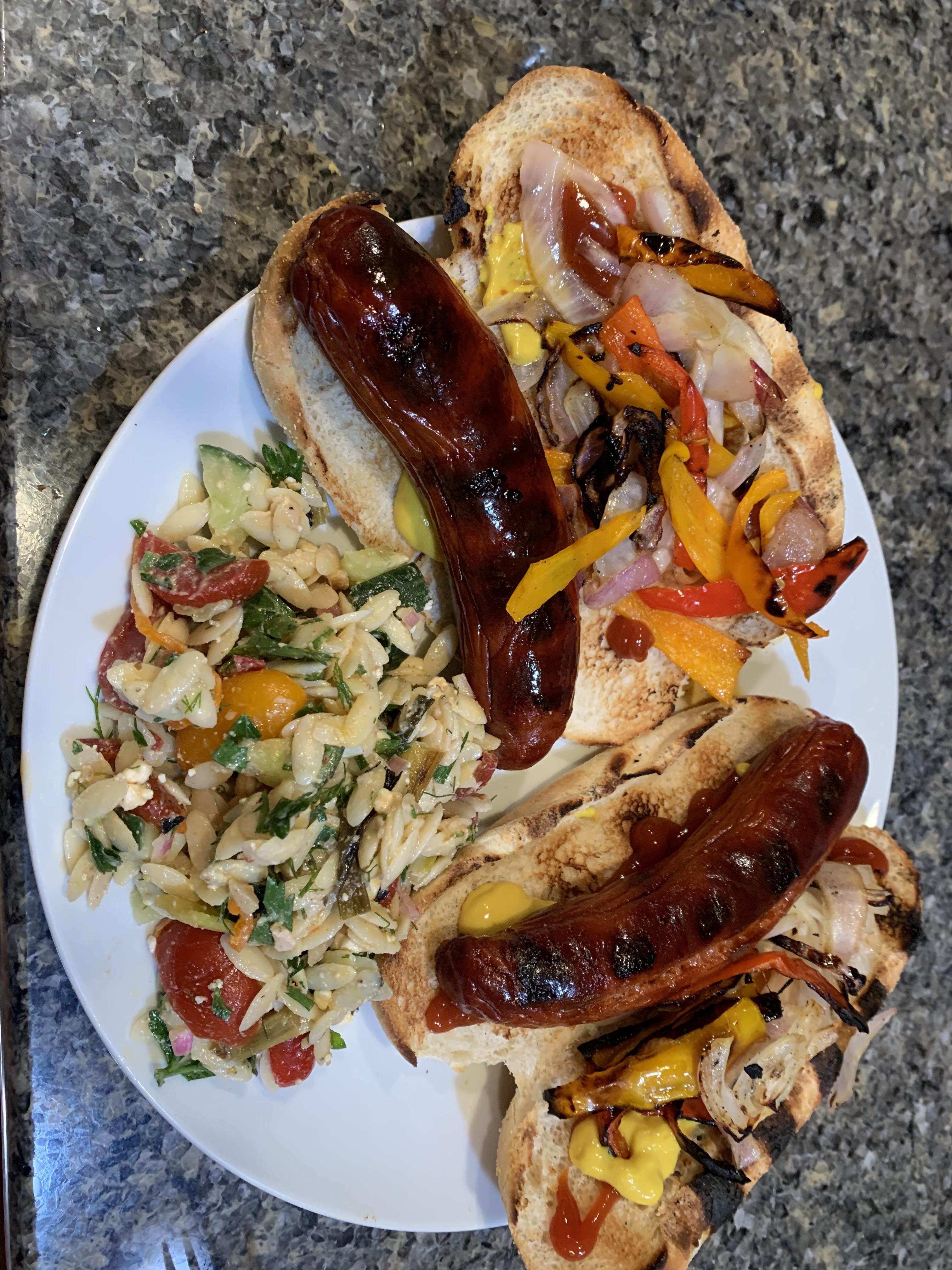 Grilled Hot Links with grilled peppers and onions r/grilling