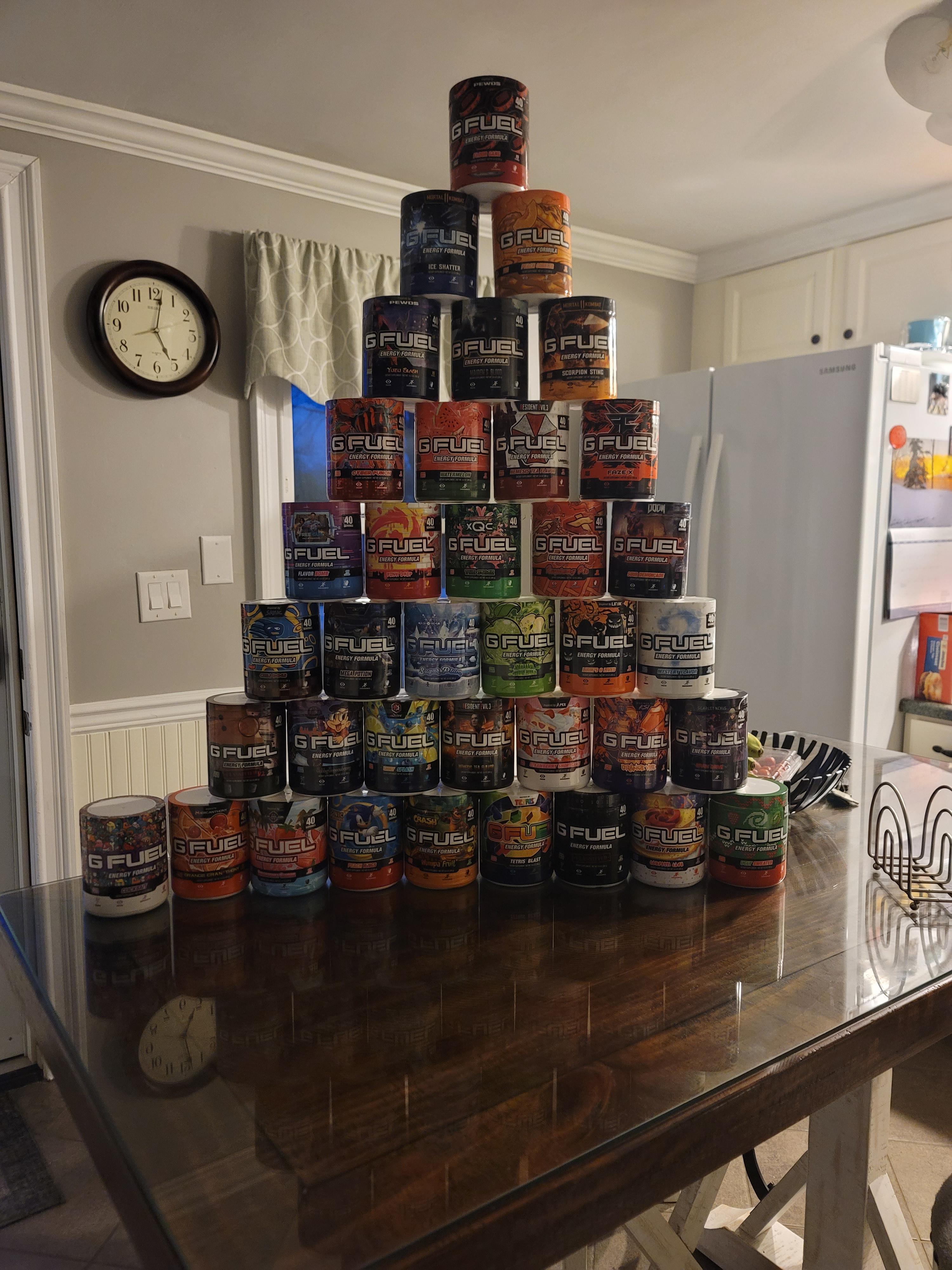 Heres all my empty and full tubs, theres 11 empty ones GFUEL