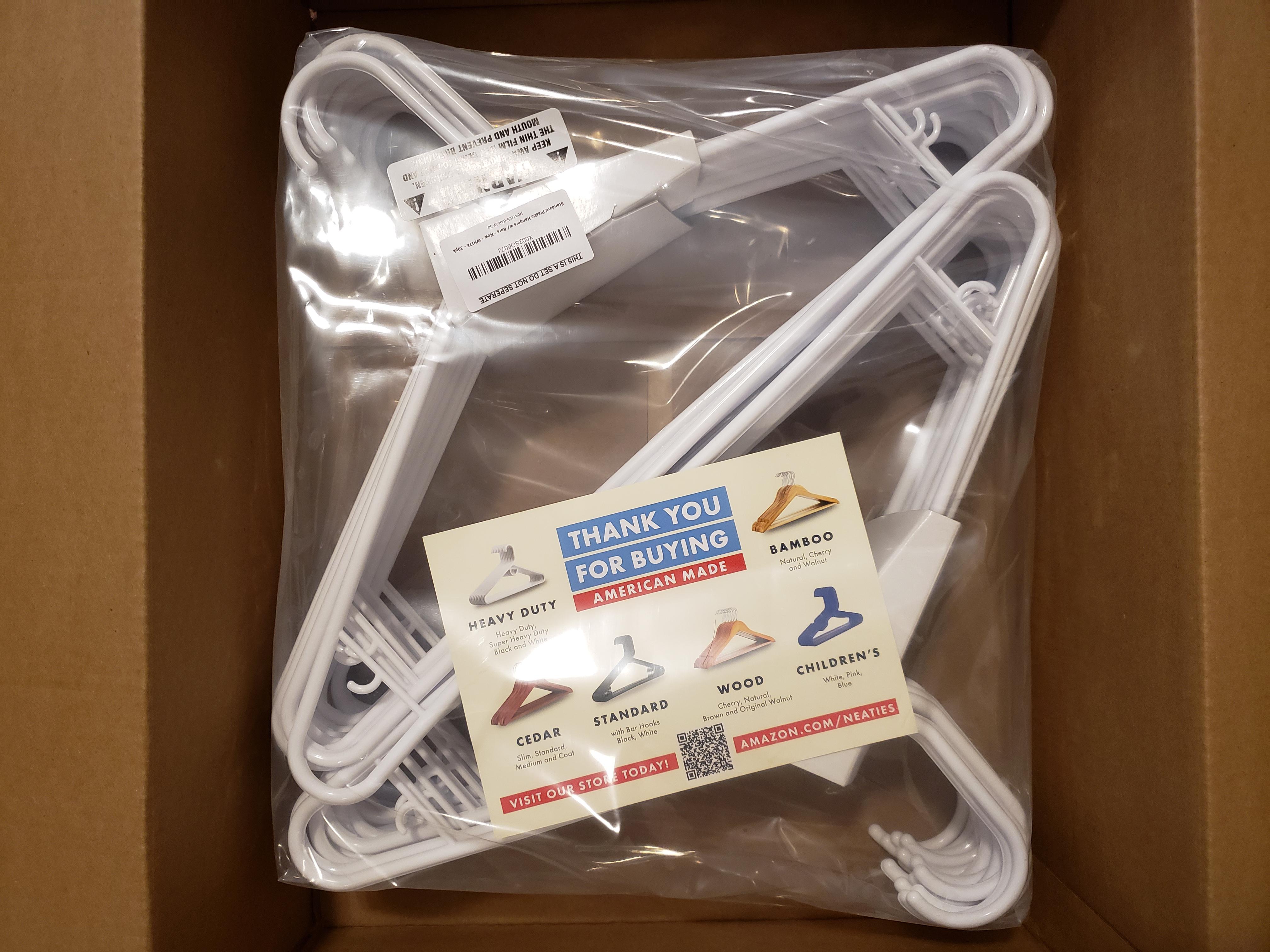 Hangers 30 pack of plastic, clothes hangers for 20 on Amazon; Neaties