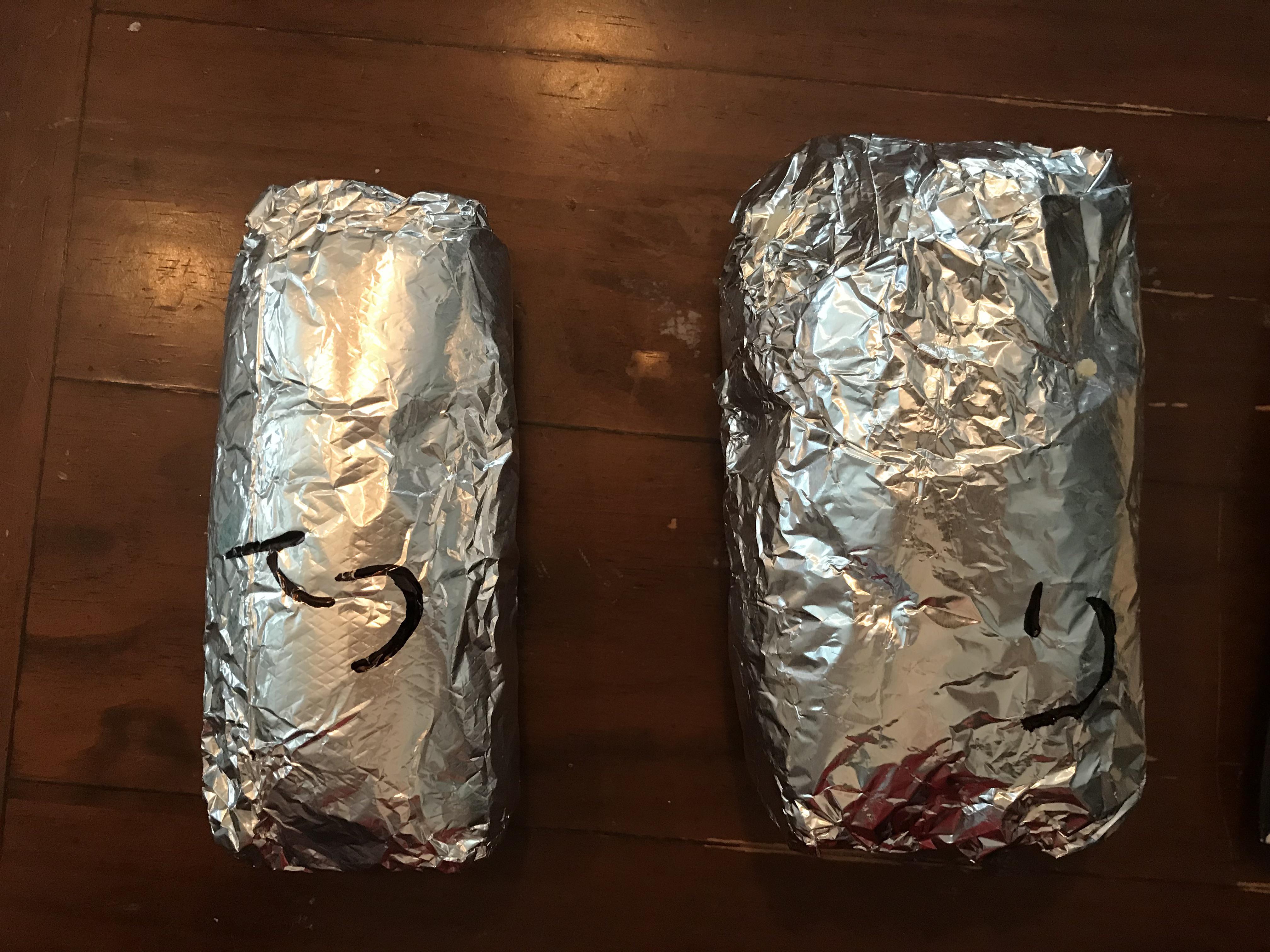These two chipotle burritos cost the same! Wife’s on the left. Mine on
