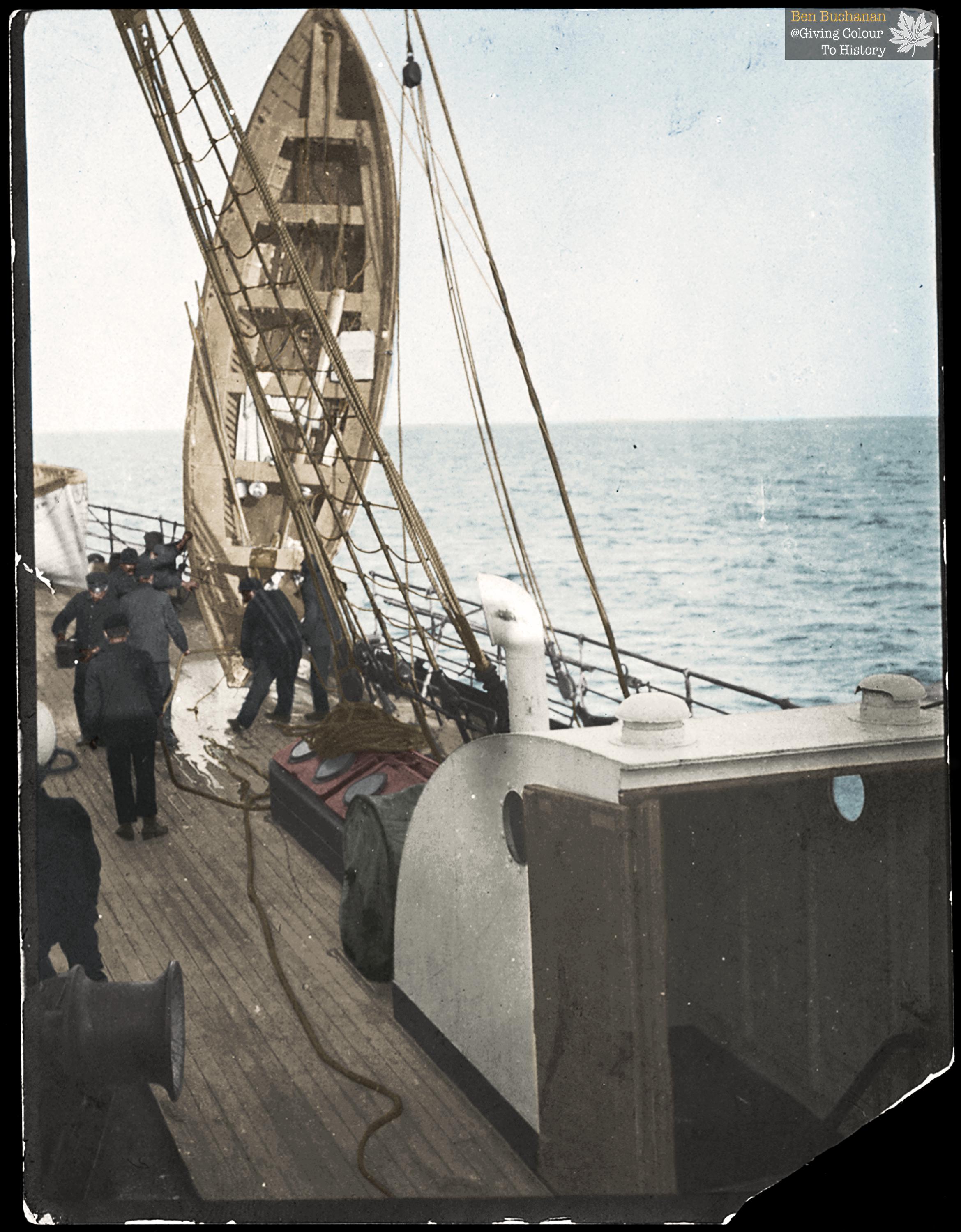 (Colourised By Me) Crew of RMS Carpathia loading lifeboats from Titanic