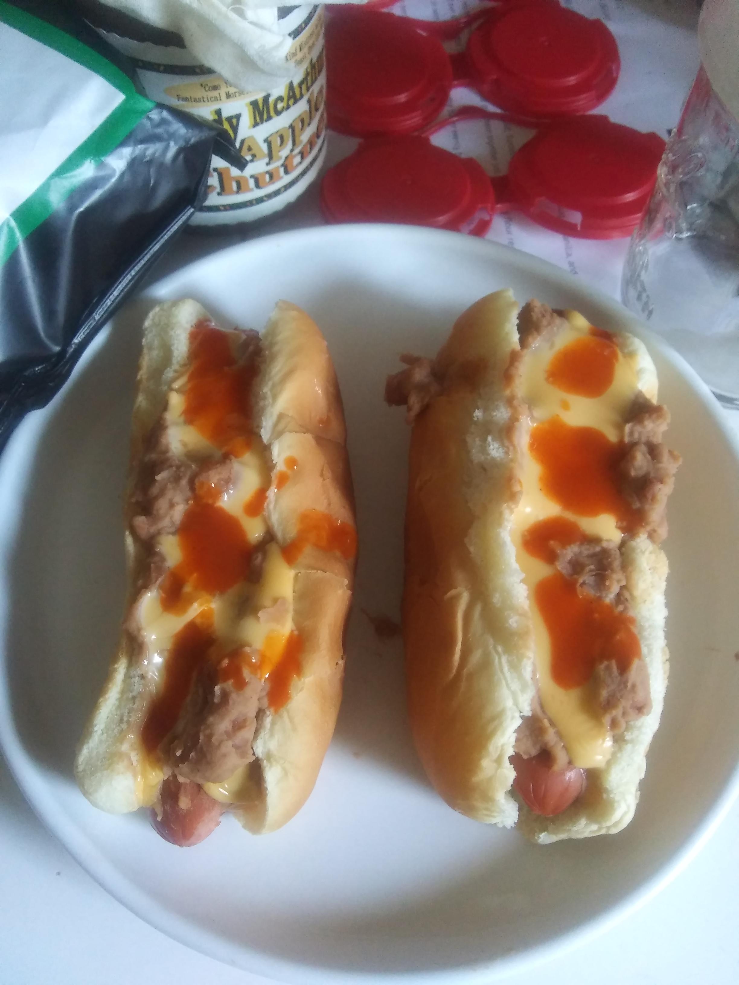 Refried bean, american singles, and hot sauce hot dog r/shittyfoodporn