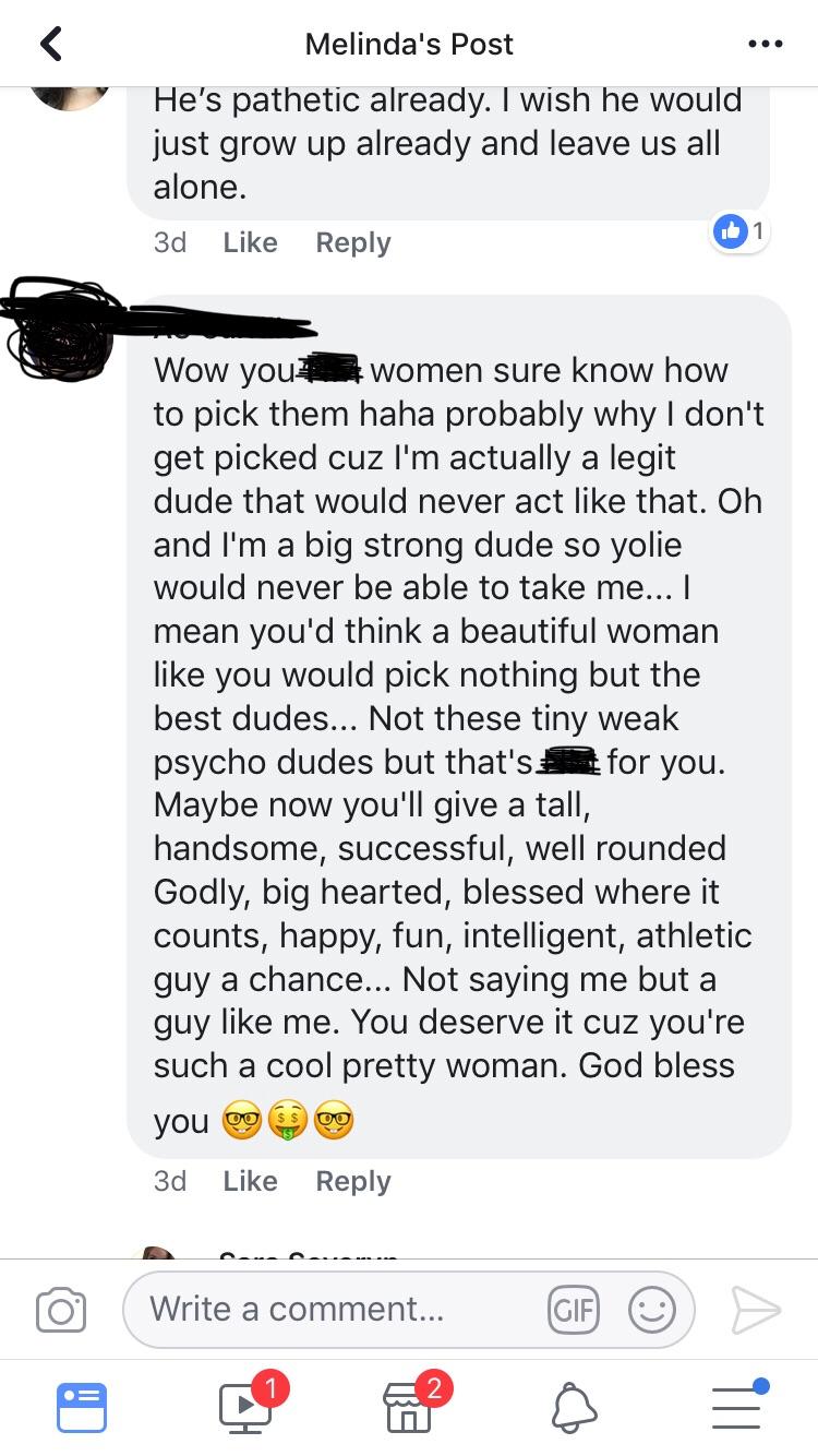 FB friends status talking about her ex boyfriend stalking her and we