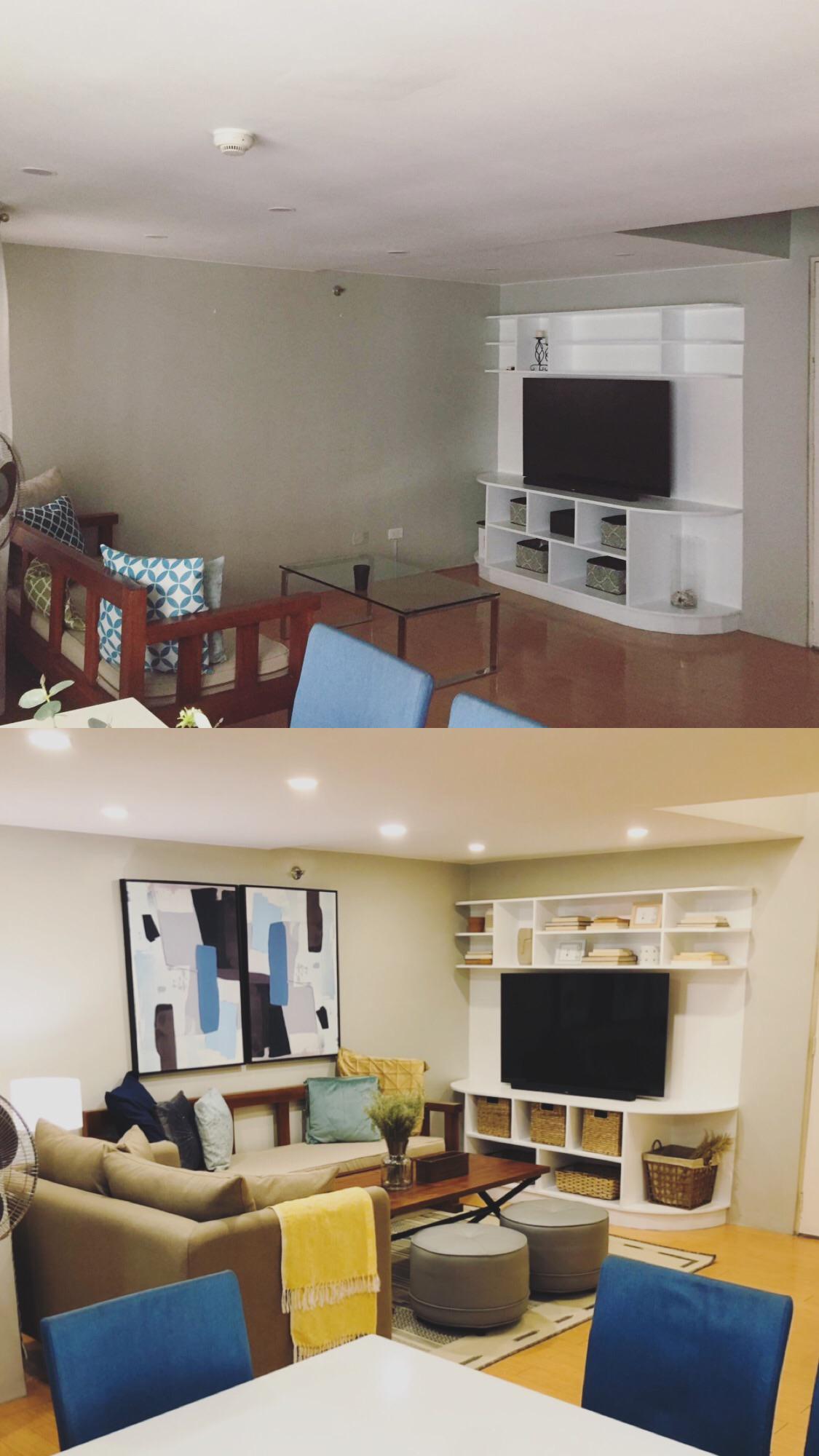 Living room beforeandafter. Had to work with the existing dining