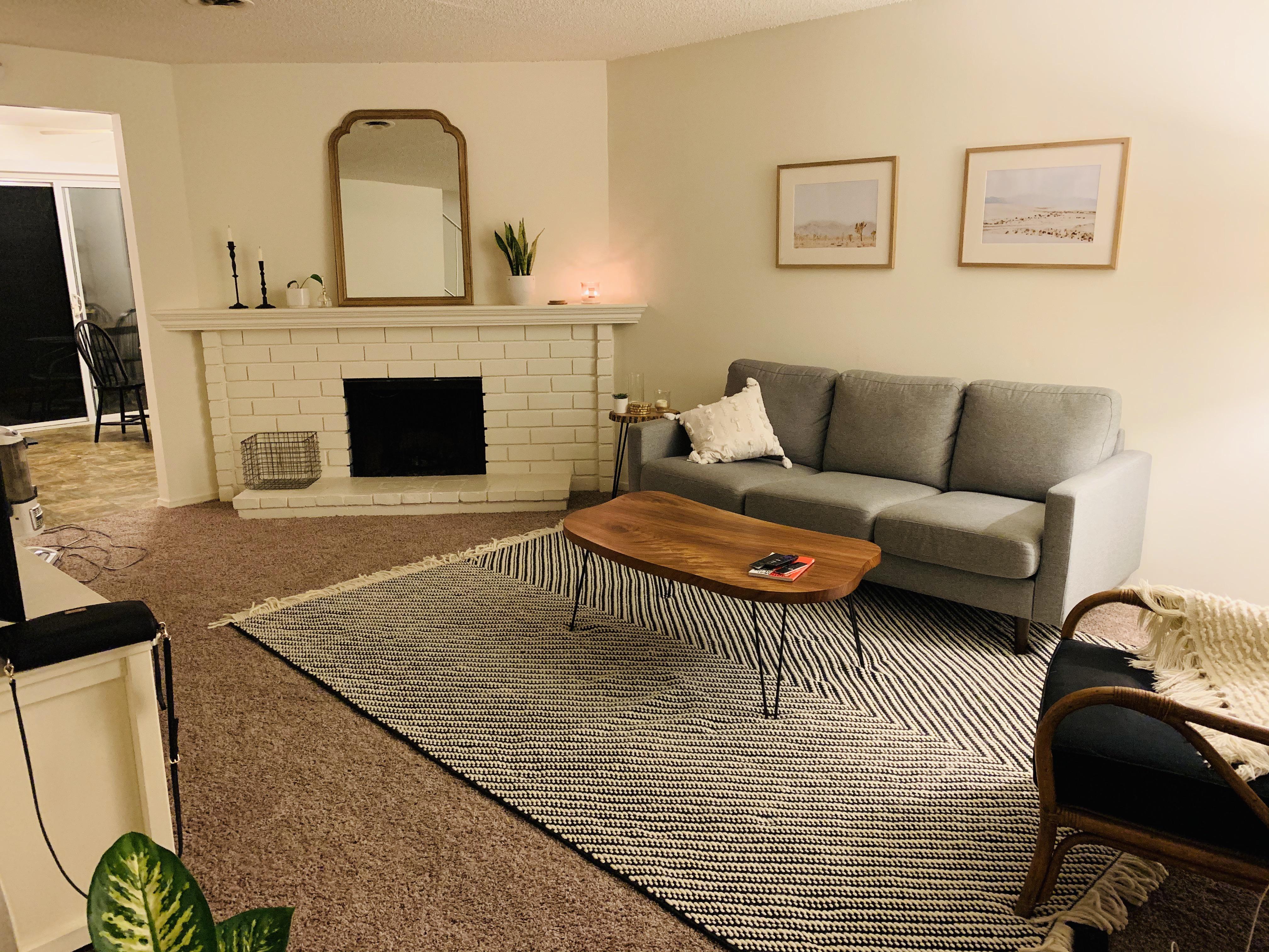 Our Southern California apartment living room featuring a coffee table