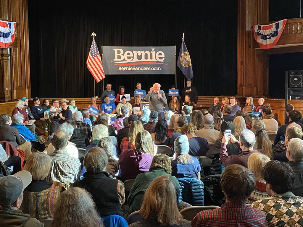 Photo Bernie speaking at his Newport, NH, town hall Sunday morning r