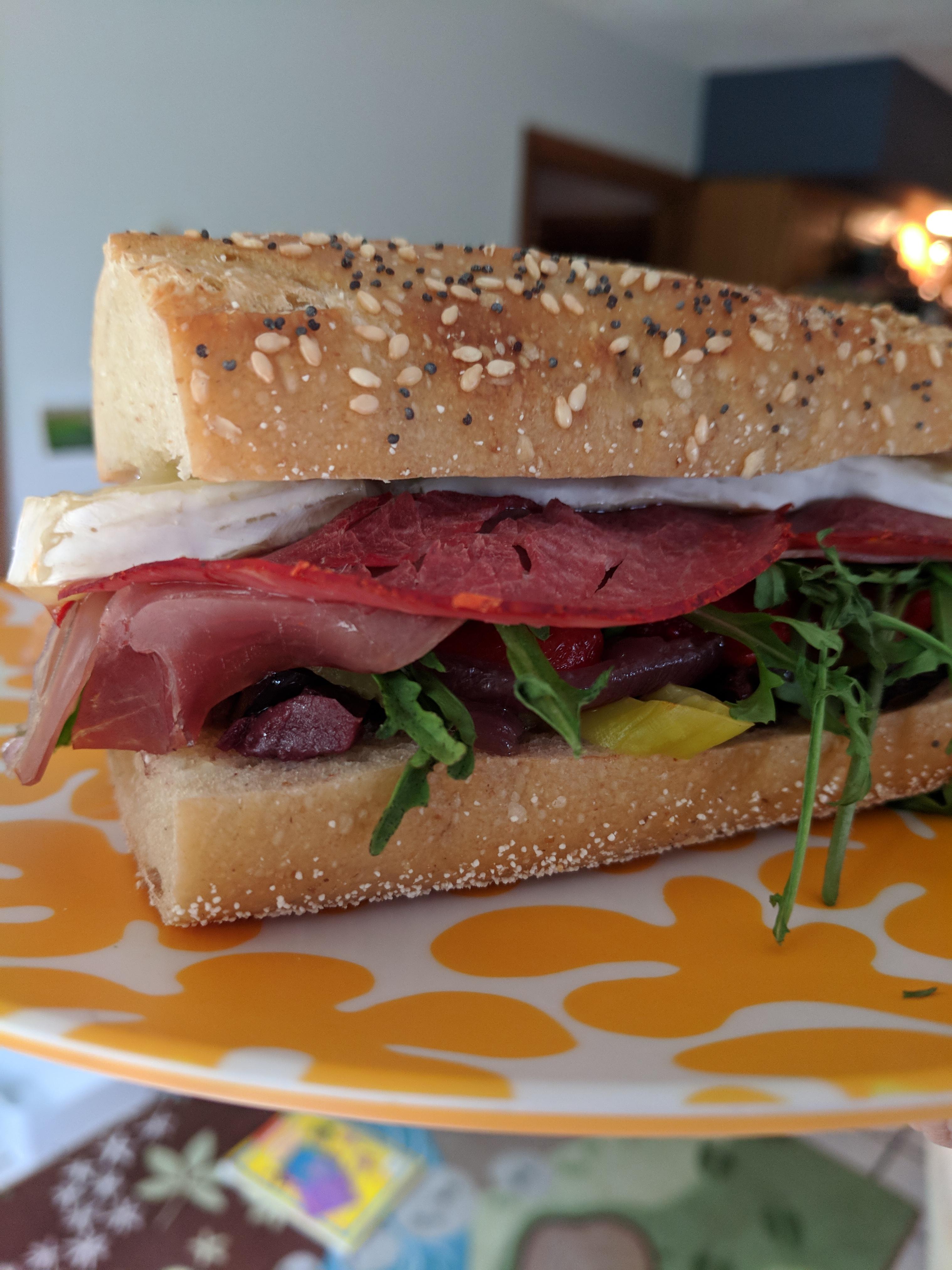 Brie, Capicola, Prosciutto, Arugula, Roasted Red Pepper, Fig