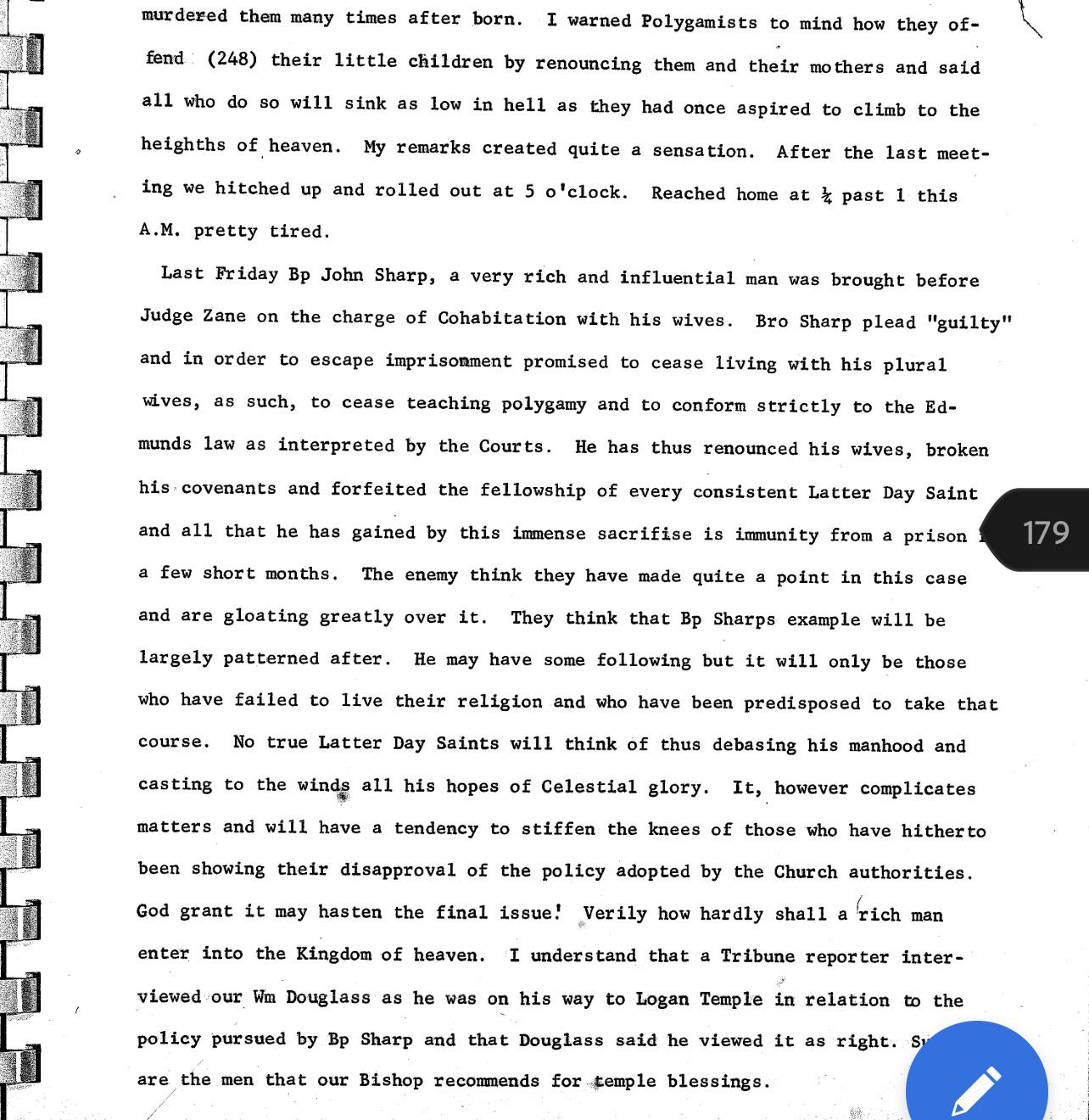 Journal entry from my great great grandfather on Polygamy from Sept