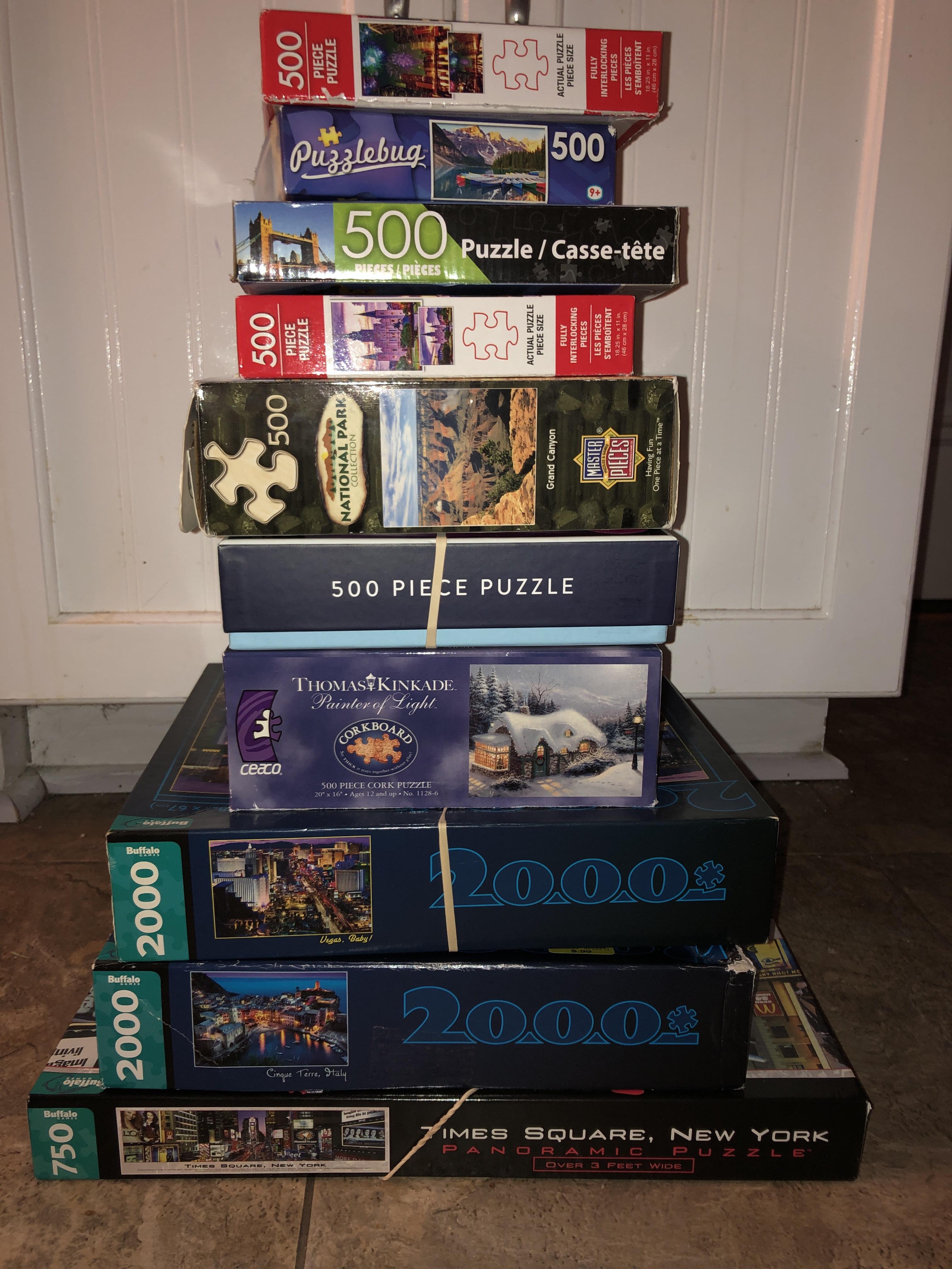 thrift store finds all from today. 10 puzzles for 17.50, not bad. (i