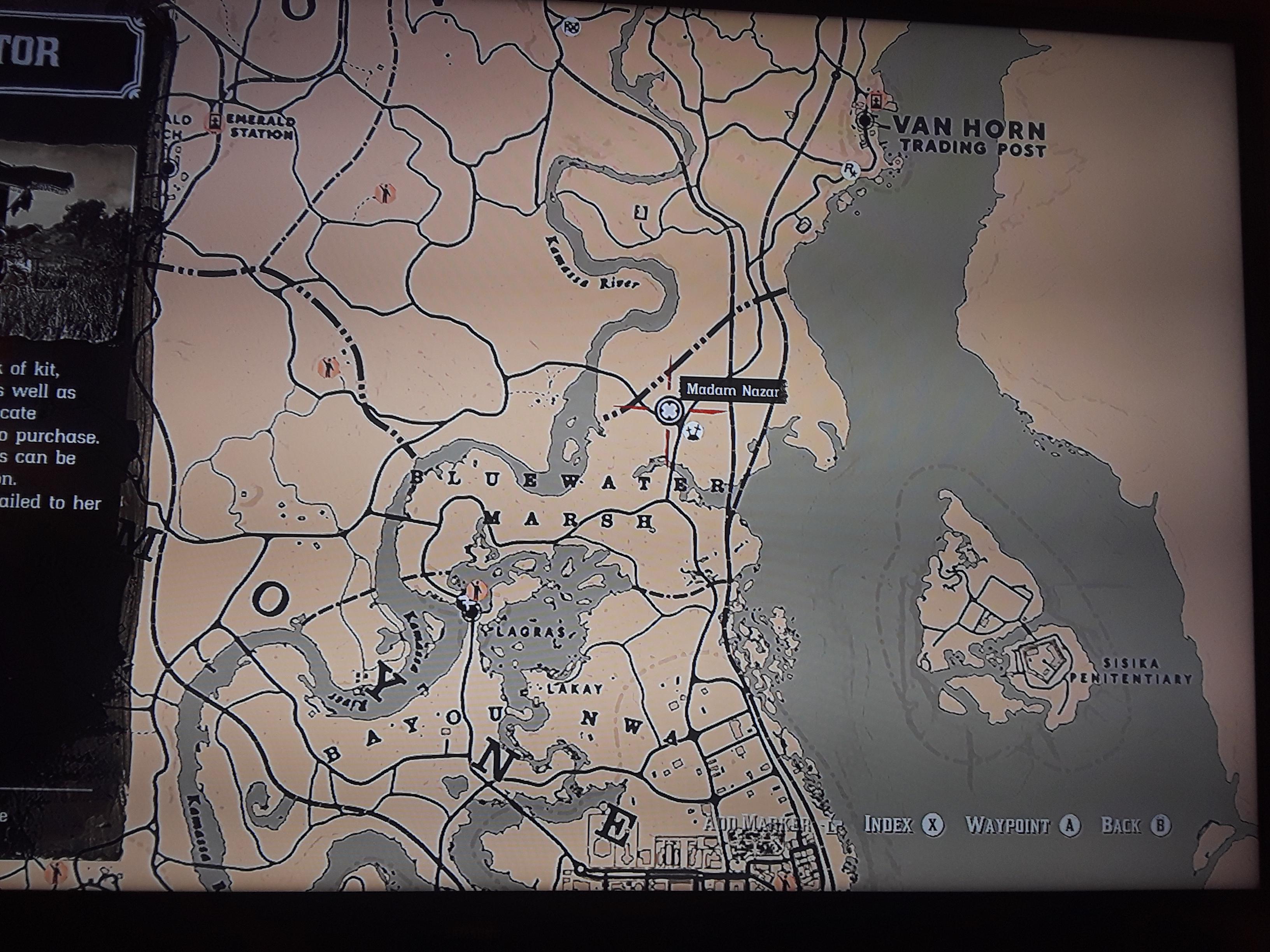 Madam Nazar's location for today. Near Bluewater Marsh Lemoyne. r/RDR2