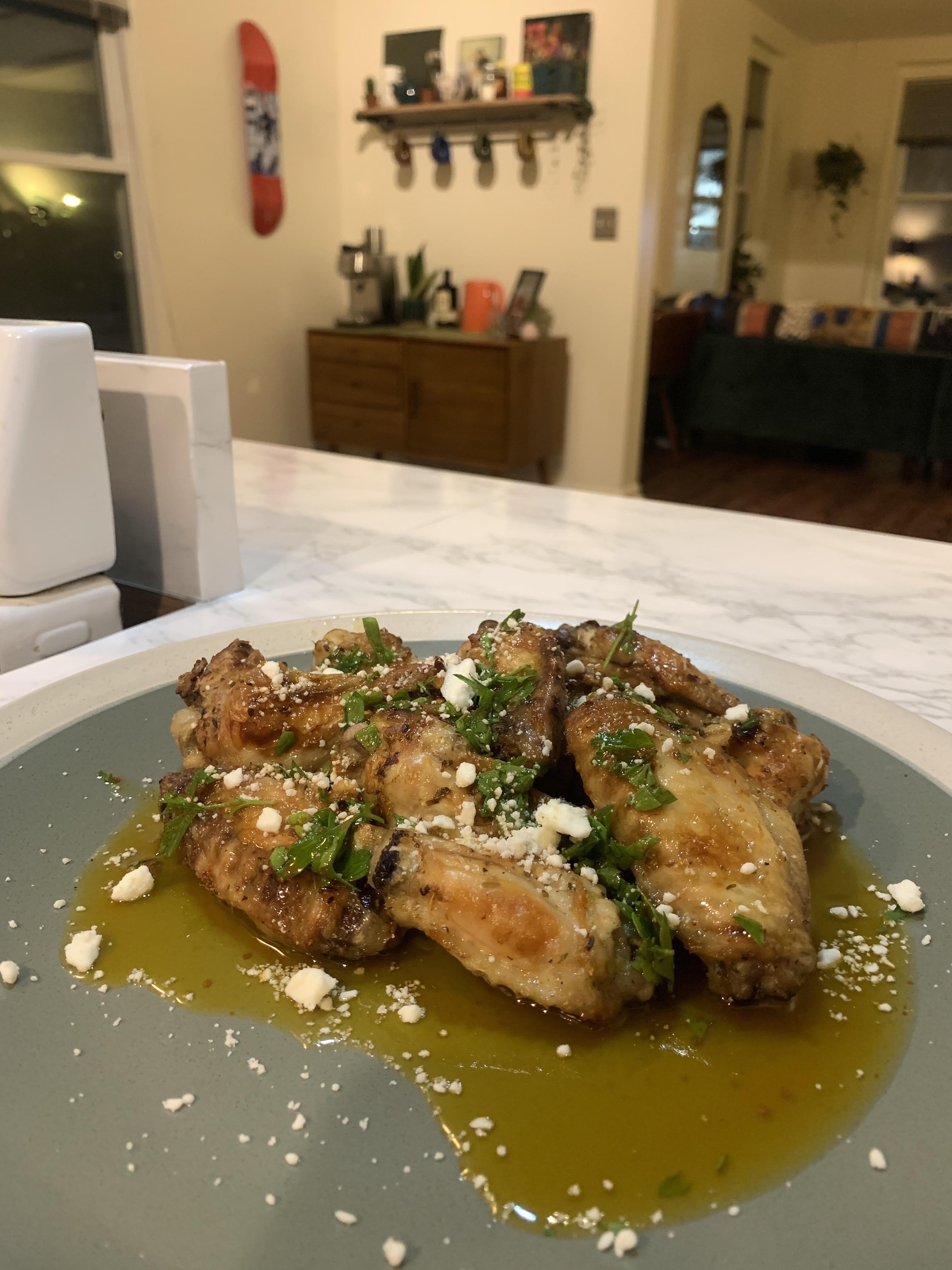 Greek style wings. Lemon, oregano, garlic and feta r/Wings