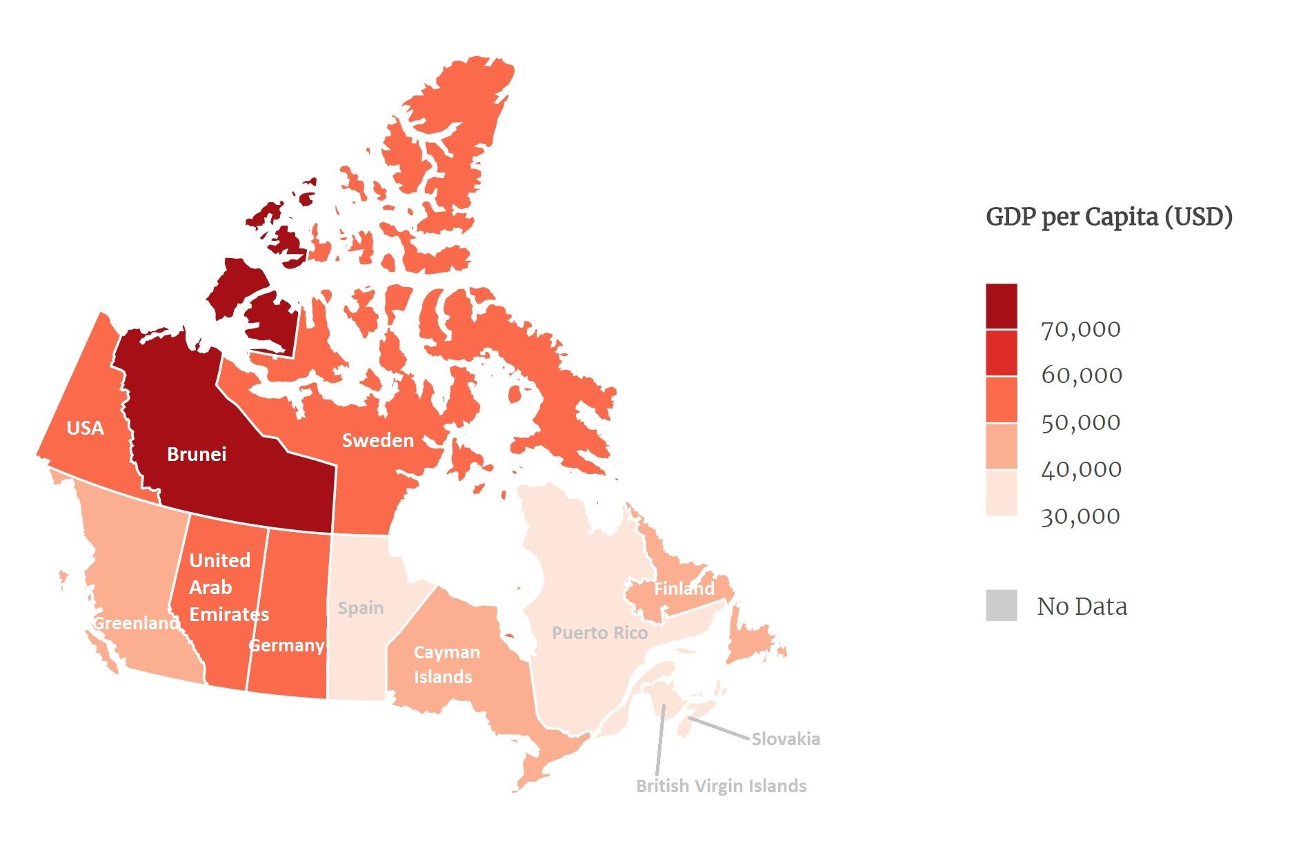 Country equivalent of the Canadian provinces by their per capita GDP