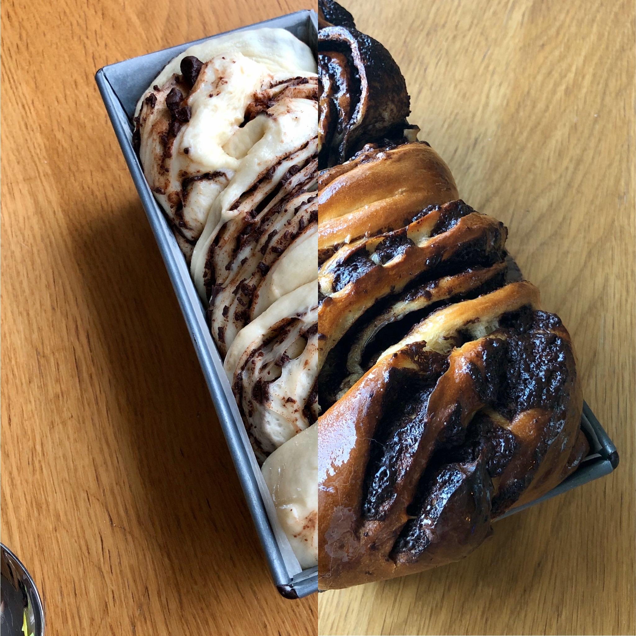 [Homemade] Chocolate babka, before and after r/food