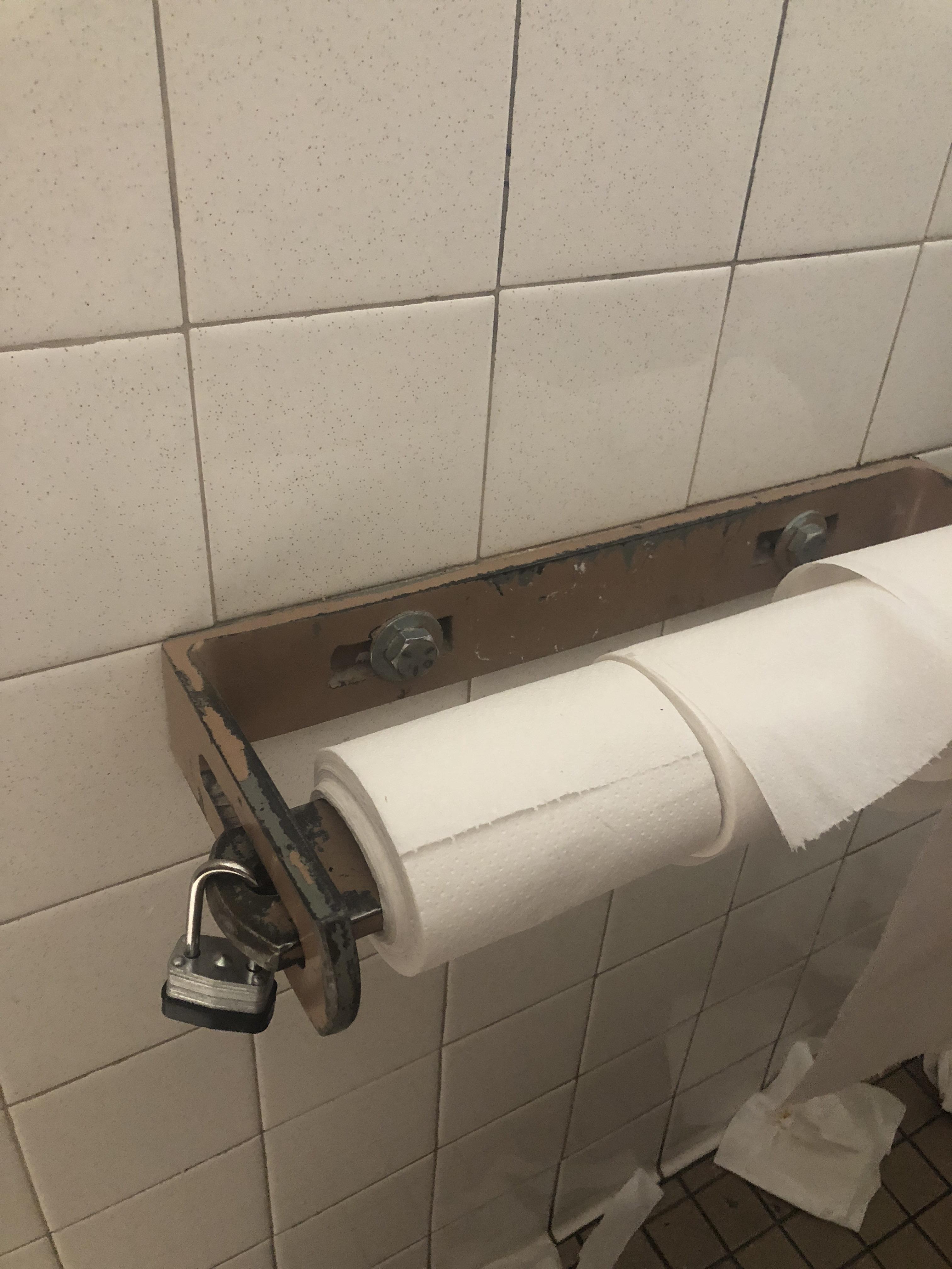 This toilet paper holder that doesn’t allow the rolls to spin. They