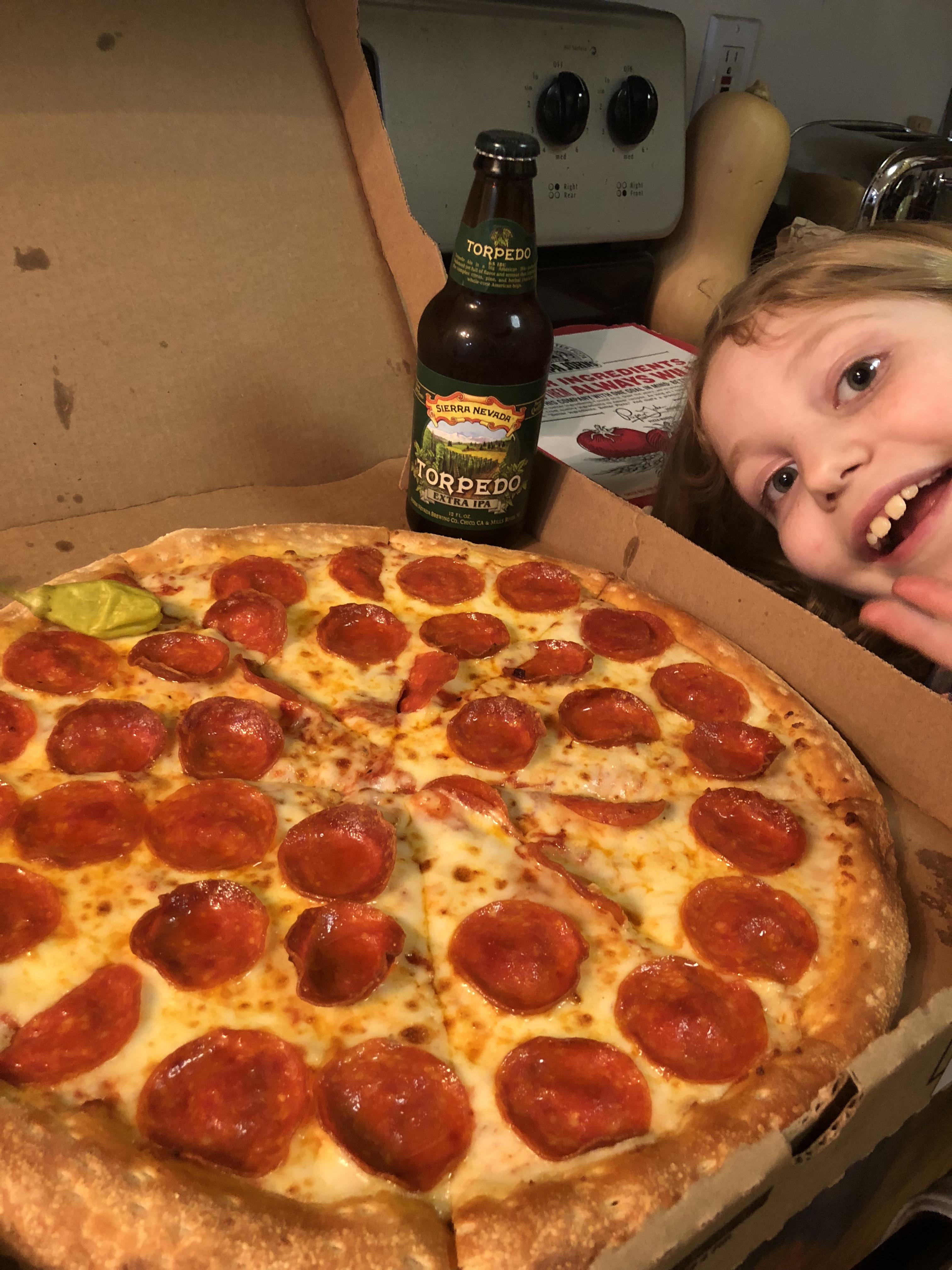 Pepperoni, Sierra Nevada Torpedo, and my daughter. r/beerandpizza