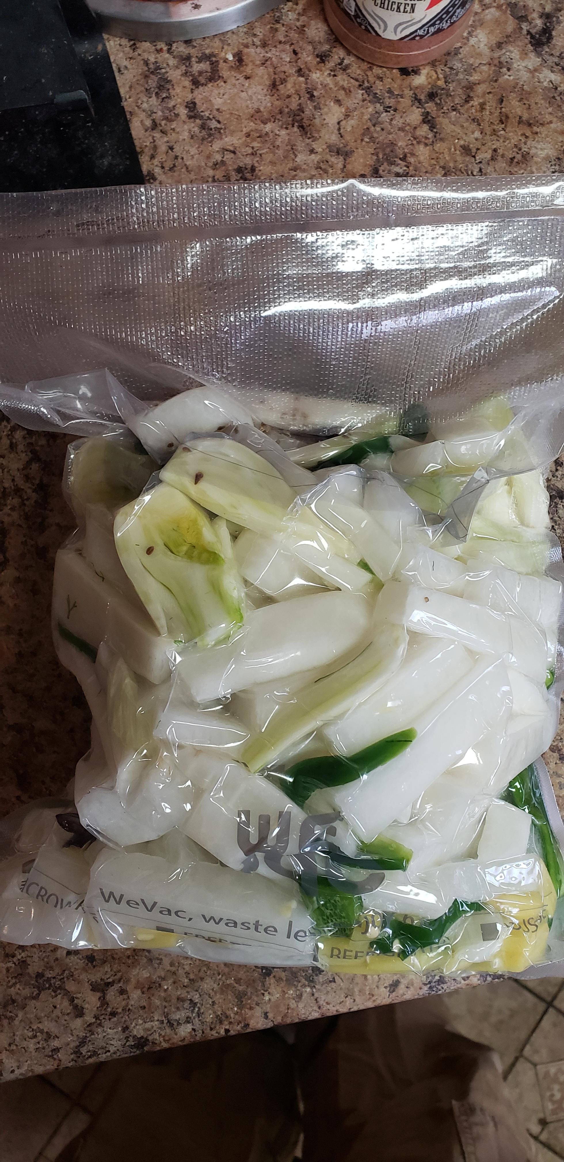 Daikon radish, fennel bulb, star anise, jalapeno pepper, ginger 025 salt by weight vacuum bagged