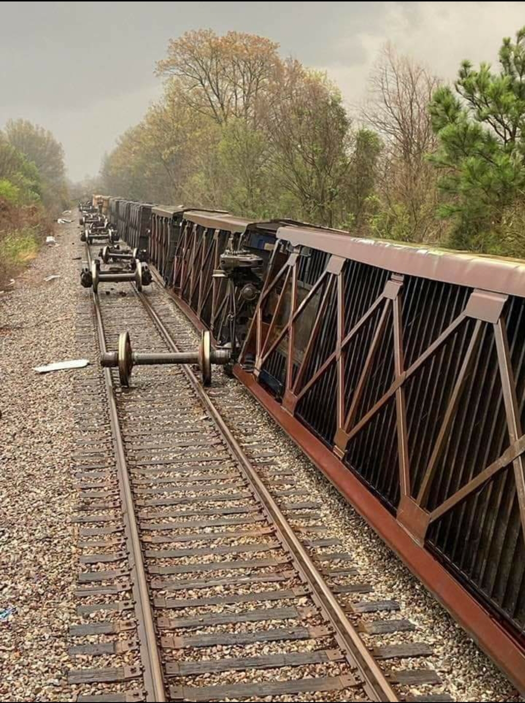 Train cars knocked off their wheels by a tornado in Jonesboro, AR today