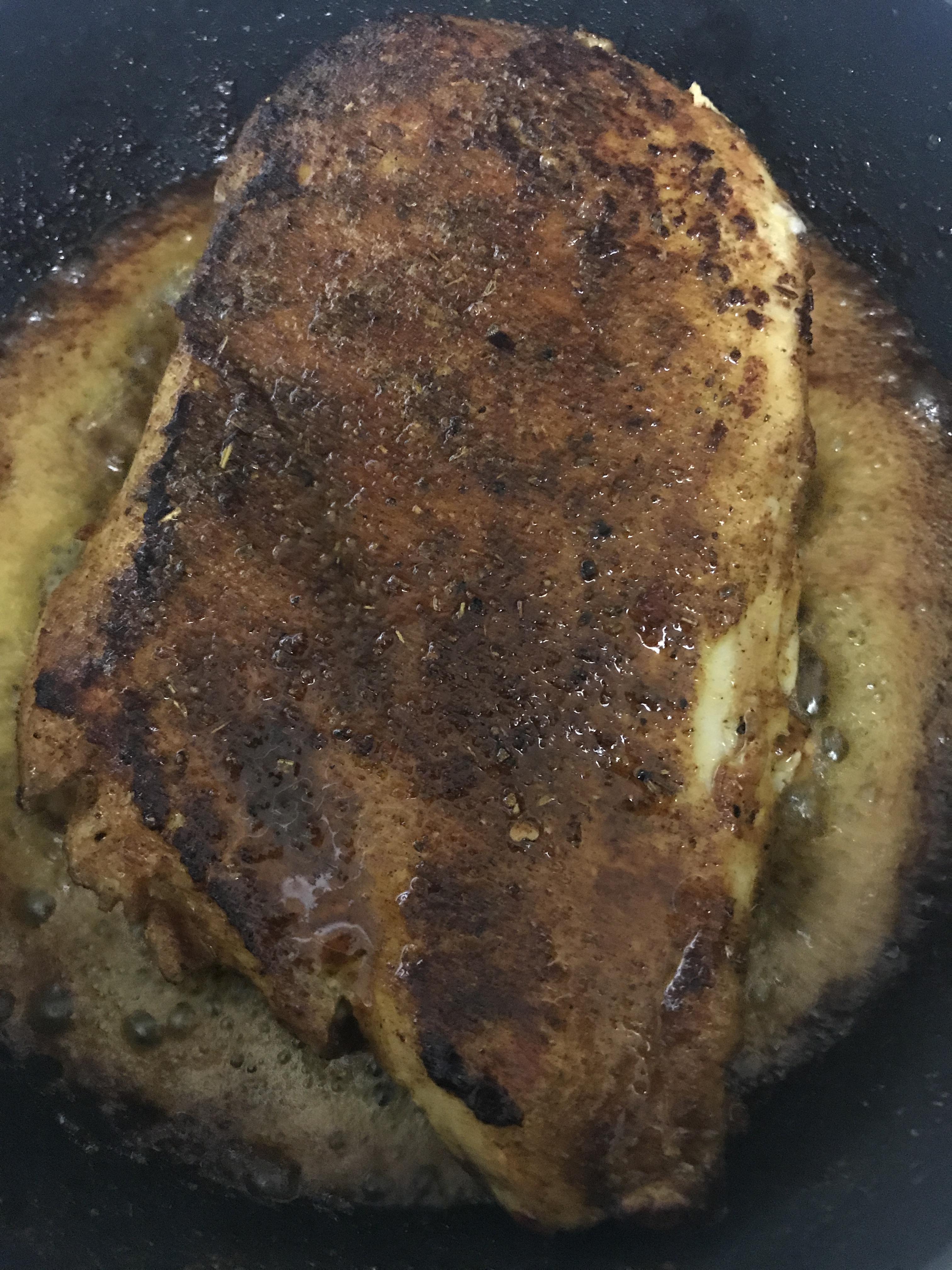 Chicken breast seasoned and pan fried in butter and Worcestershire