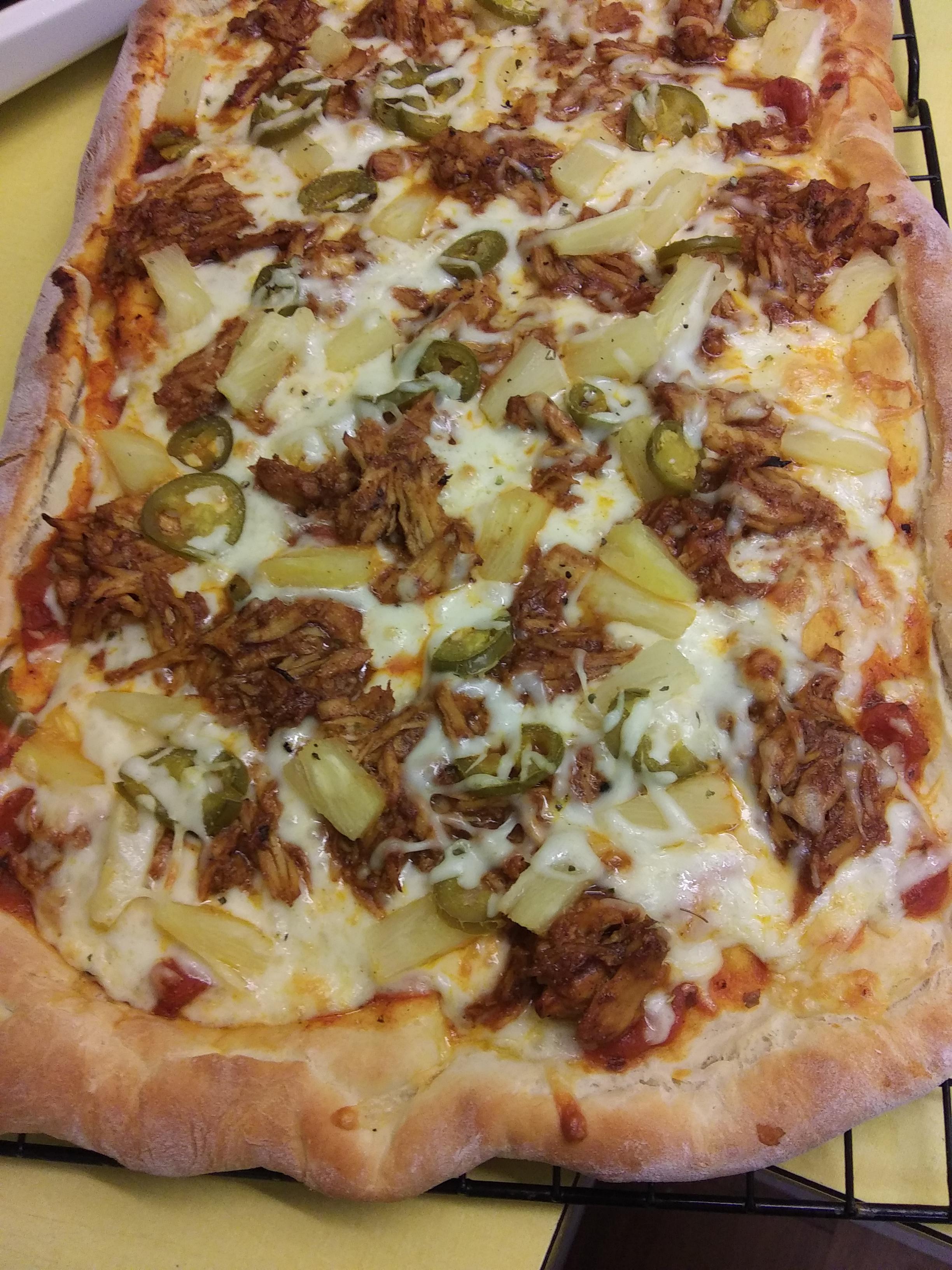 [Homemade] Bbq chicken pineapple jalapeno pizza with pepper jack cheese