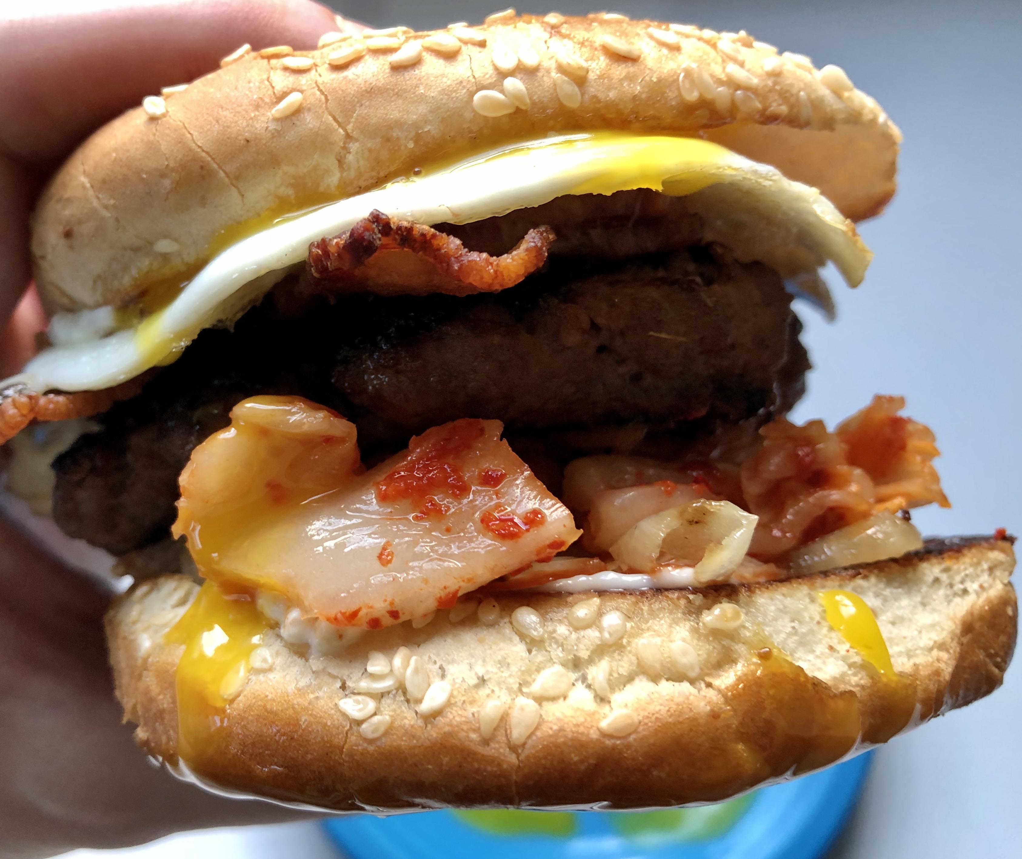 Sweet Chili Sauce Burger with Sriracha Mayo, Grilled Onions, Kimchi