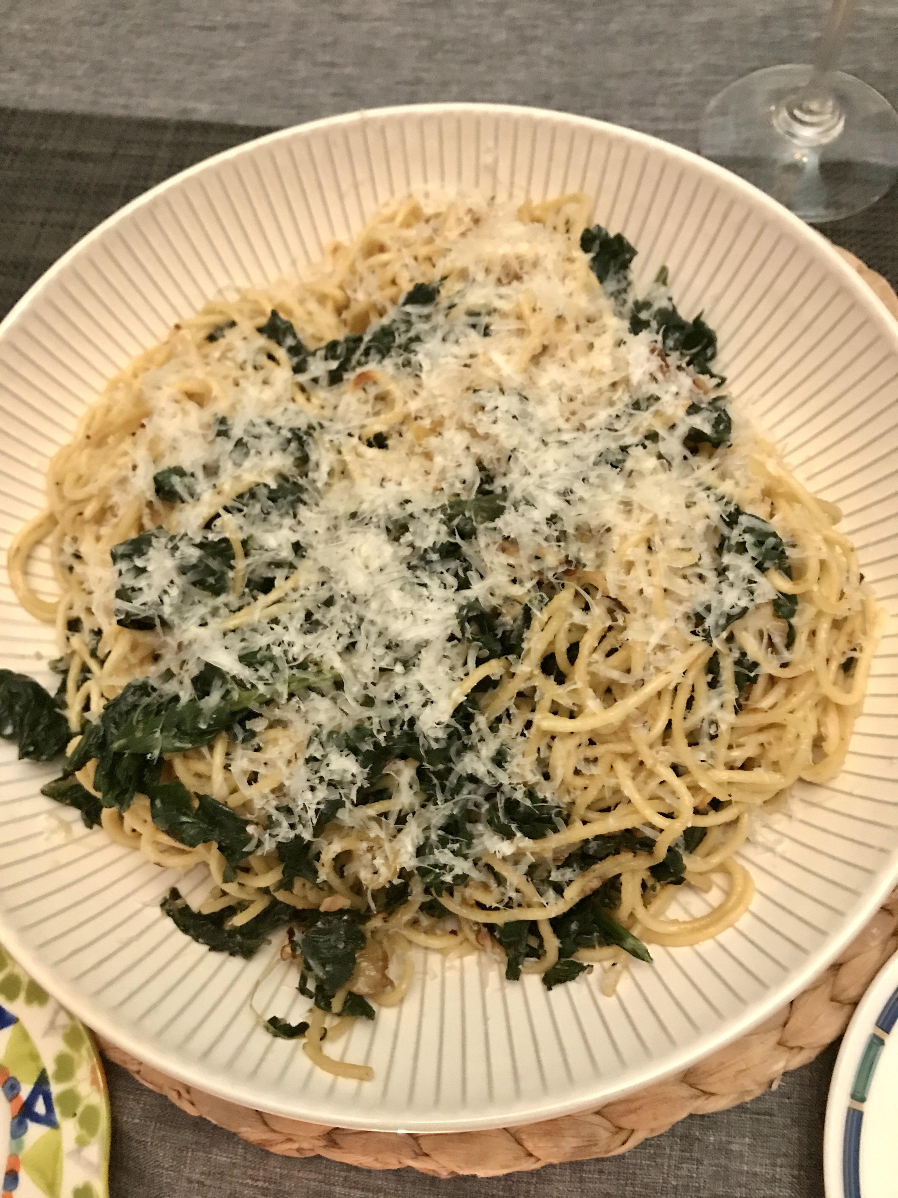 Spaghetti Aglio e Olio w/ Dino Kale and freshly shaved Vegan Parmesan
