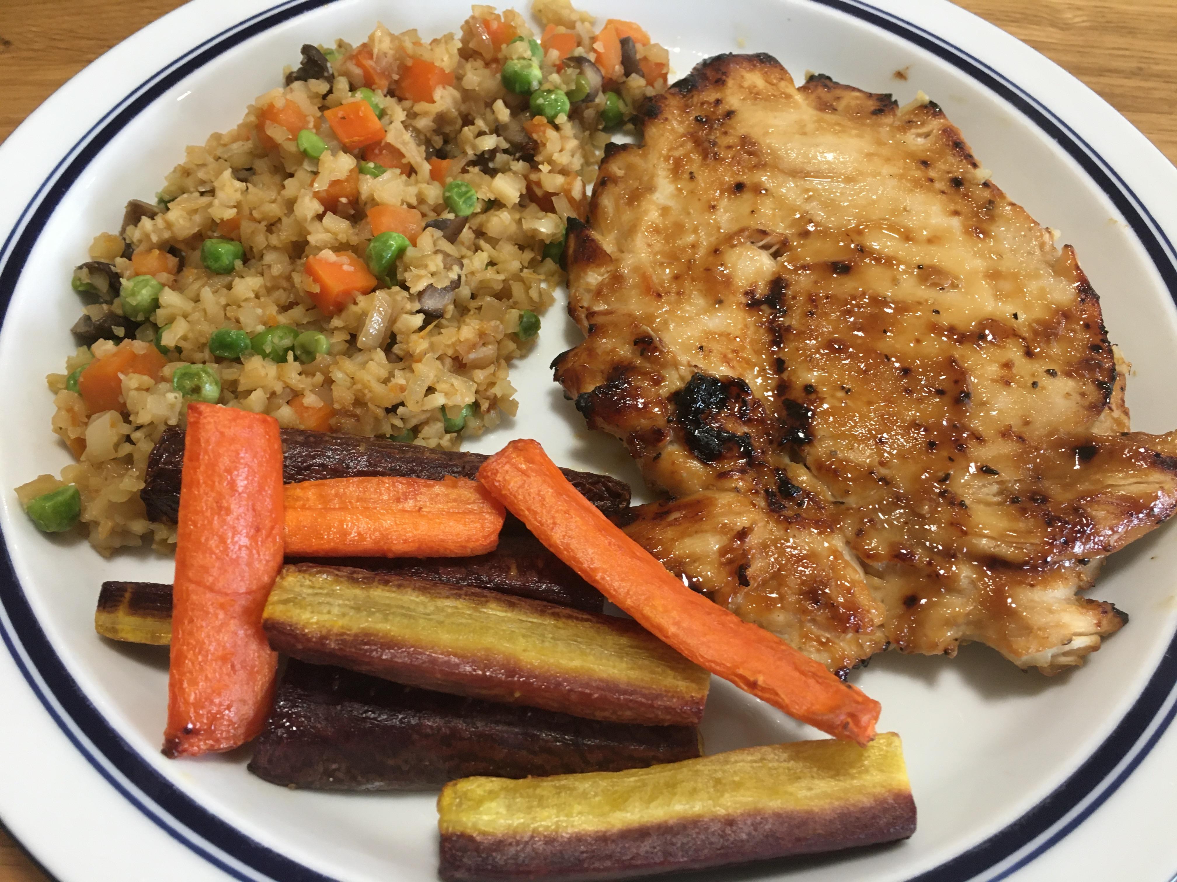 Teriyaki glazed broiled chicken breast, cauliflower/veggie stir fry