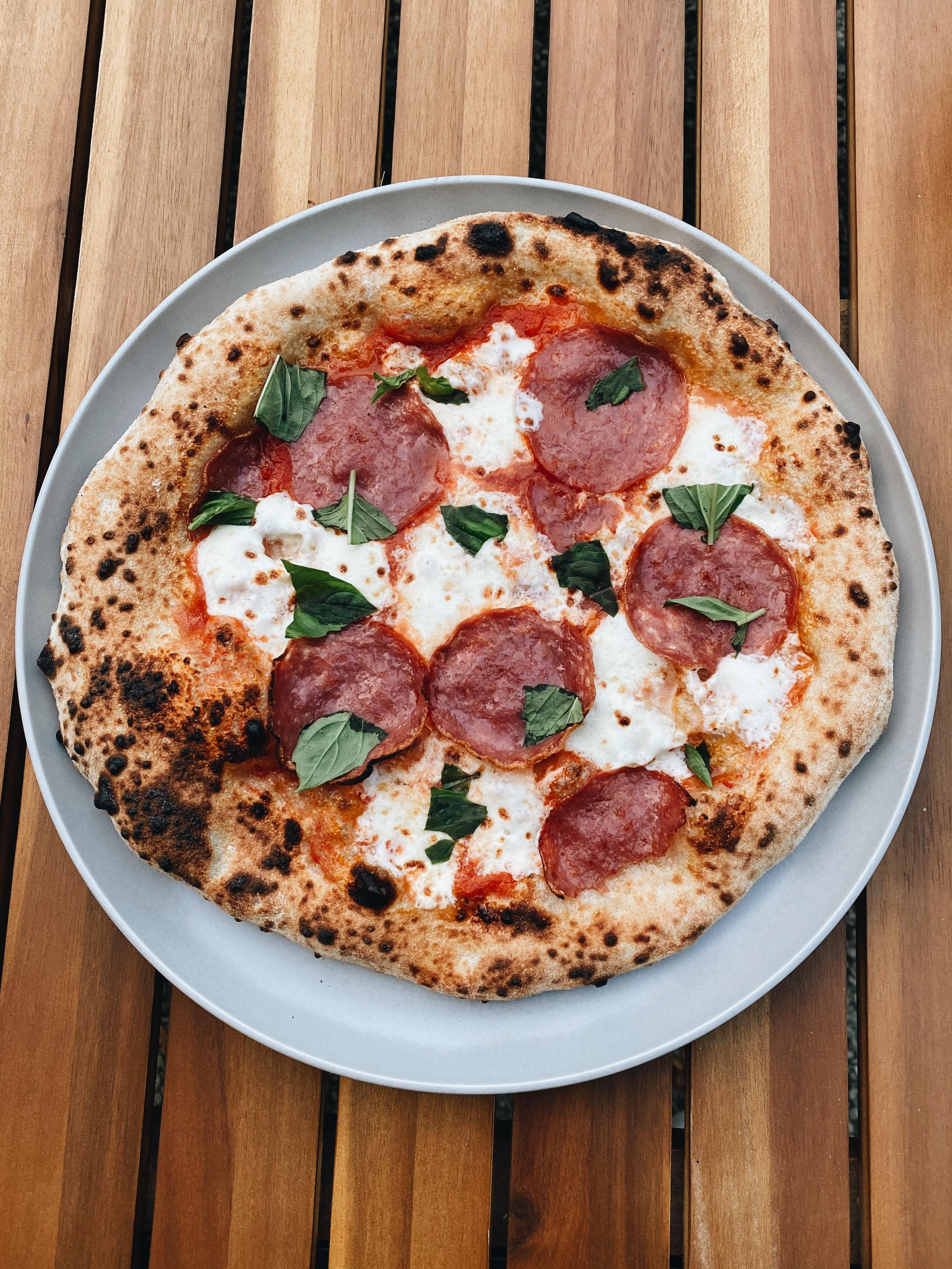 Neapolitan Pizza with Genoa Salami and Basil Ooni Karu 12 r/Pizza
