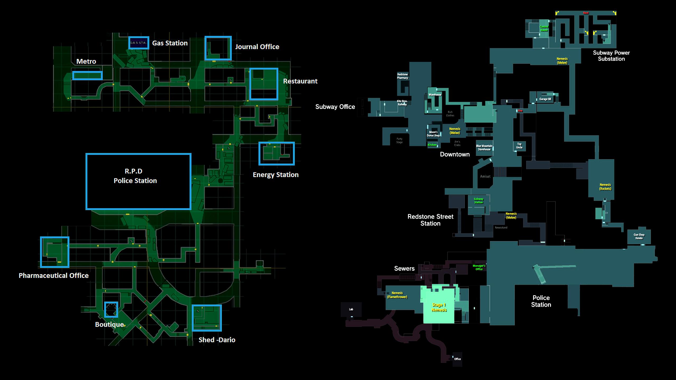 RE3 original and remake city streets map comparison (Uptown part in remake not included due to