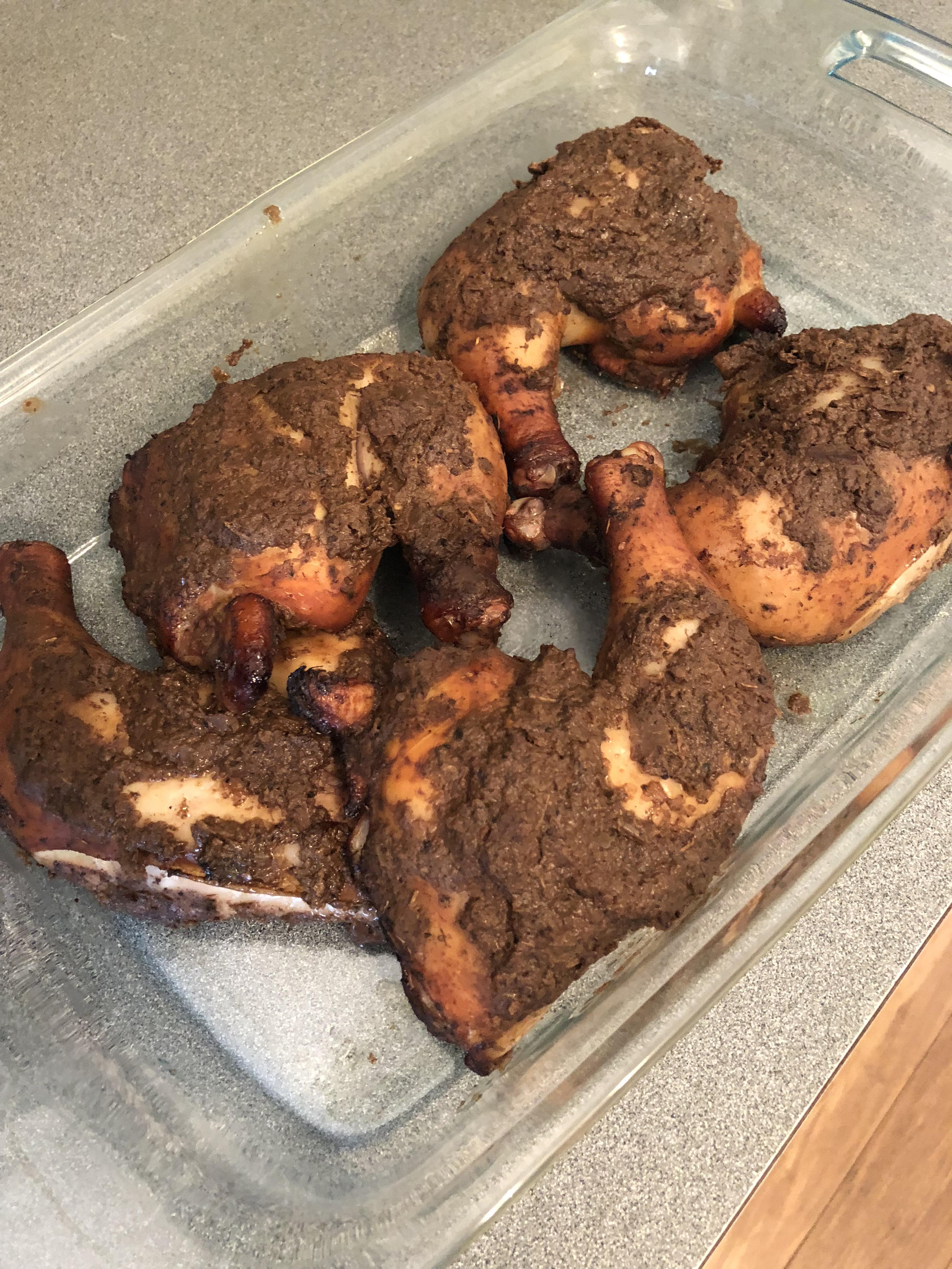 [homemade] smoked jerk chicken using pimento wood and bay leaves. r/food