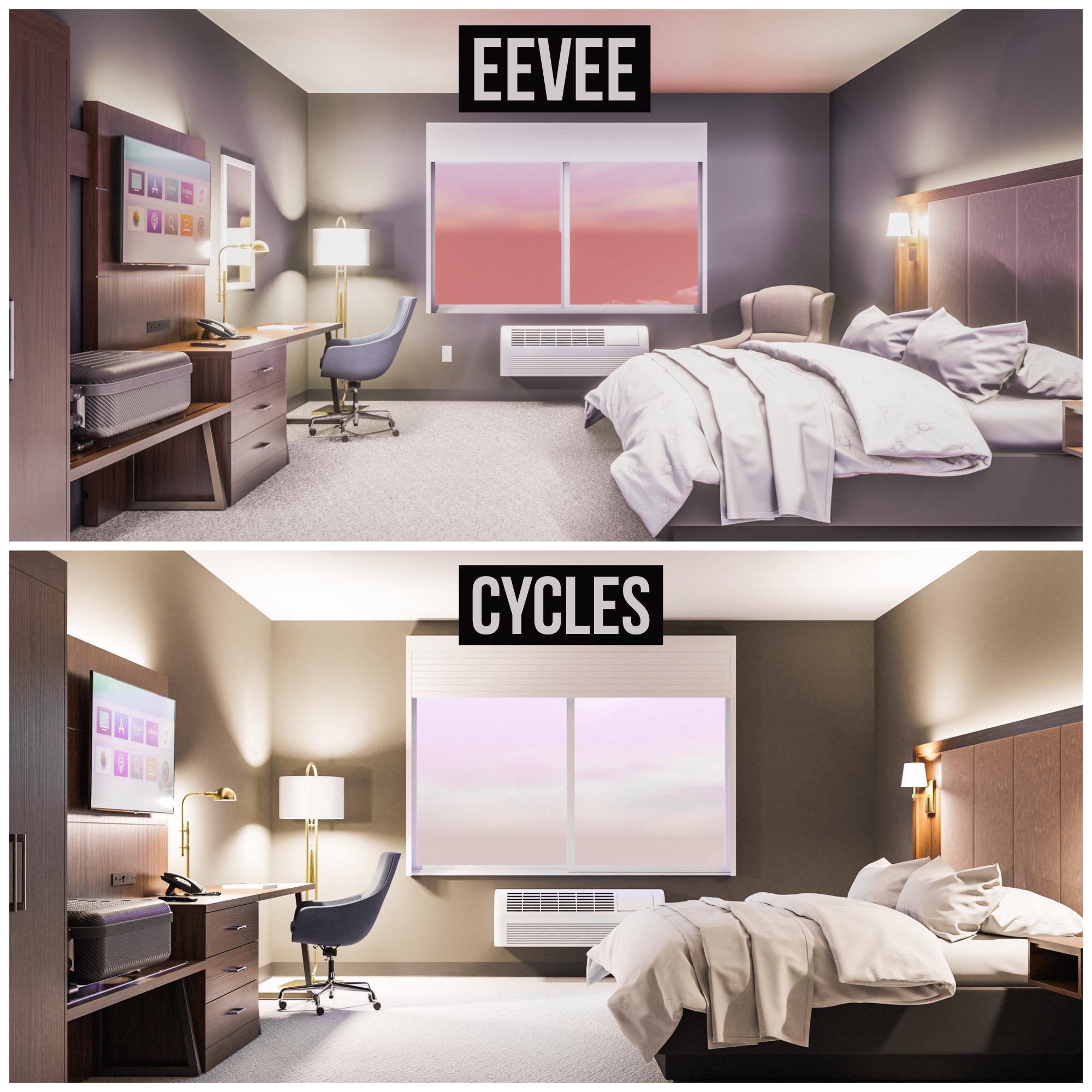 EEVEE vs CYCLES comparison. Cycles rendered in 1.75 hrs and EEVEE in 0.